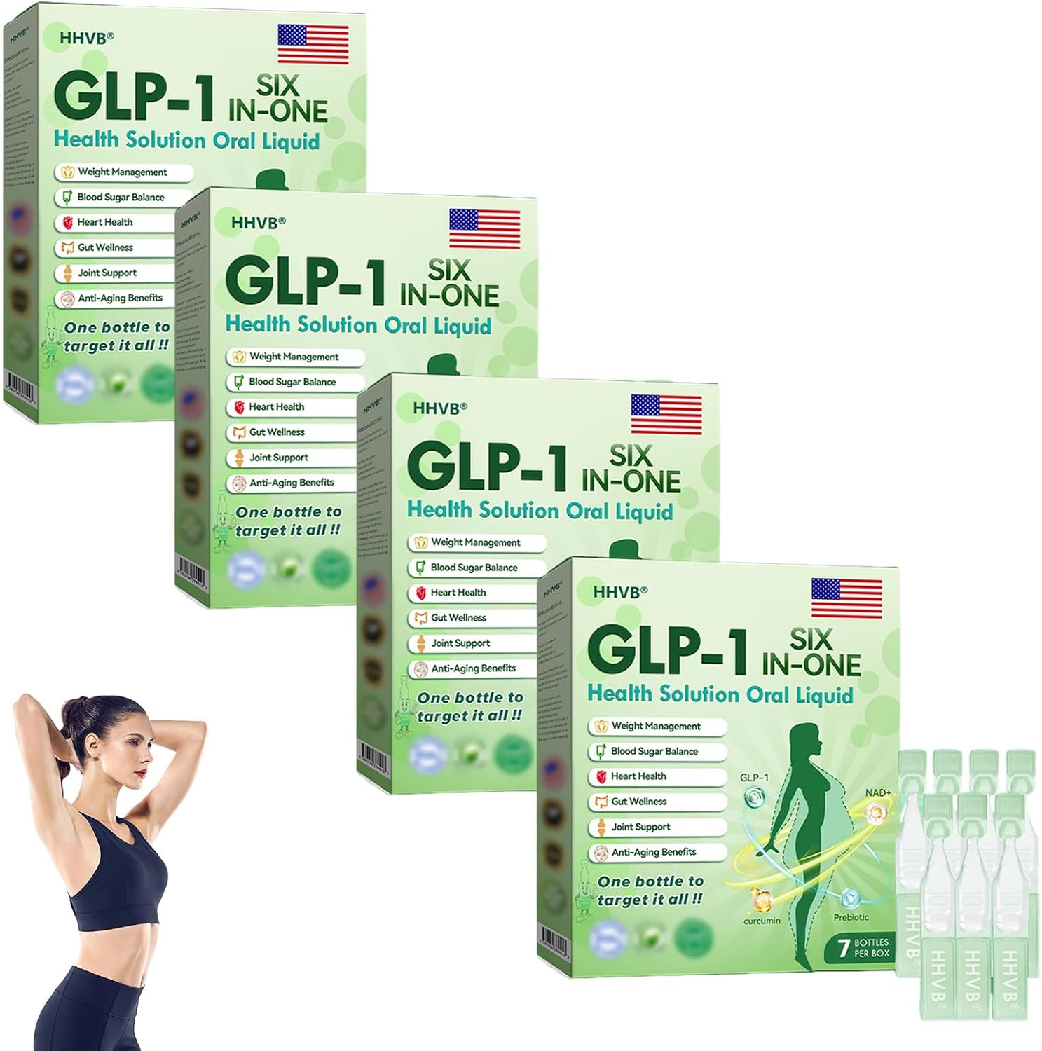 HHVB GLP-1 SIX-in-ONE Solution Oral Liquid, Advanced GLP-1 Supplement Liquid Drops, GLP 1 Oral Solution, Gut & Digestive Immune & Energy Support (4 Pack)