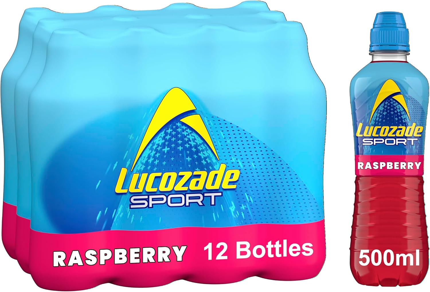 Lucozade Sport Raspberry - 12 Bottles x 500ml - Raspberry Flavour Isotonic Sports Drink - Made with Sugars & Sweeteners - Provides Electrolytes & Carbohydrates - Enhances Hydration & Fuels Performance