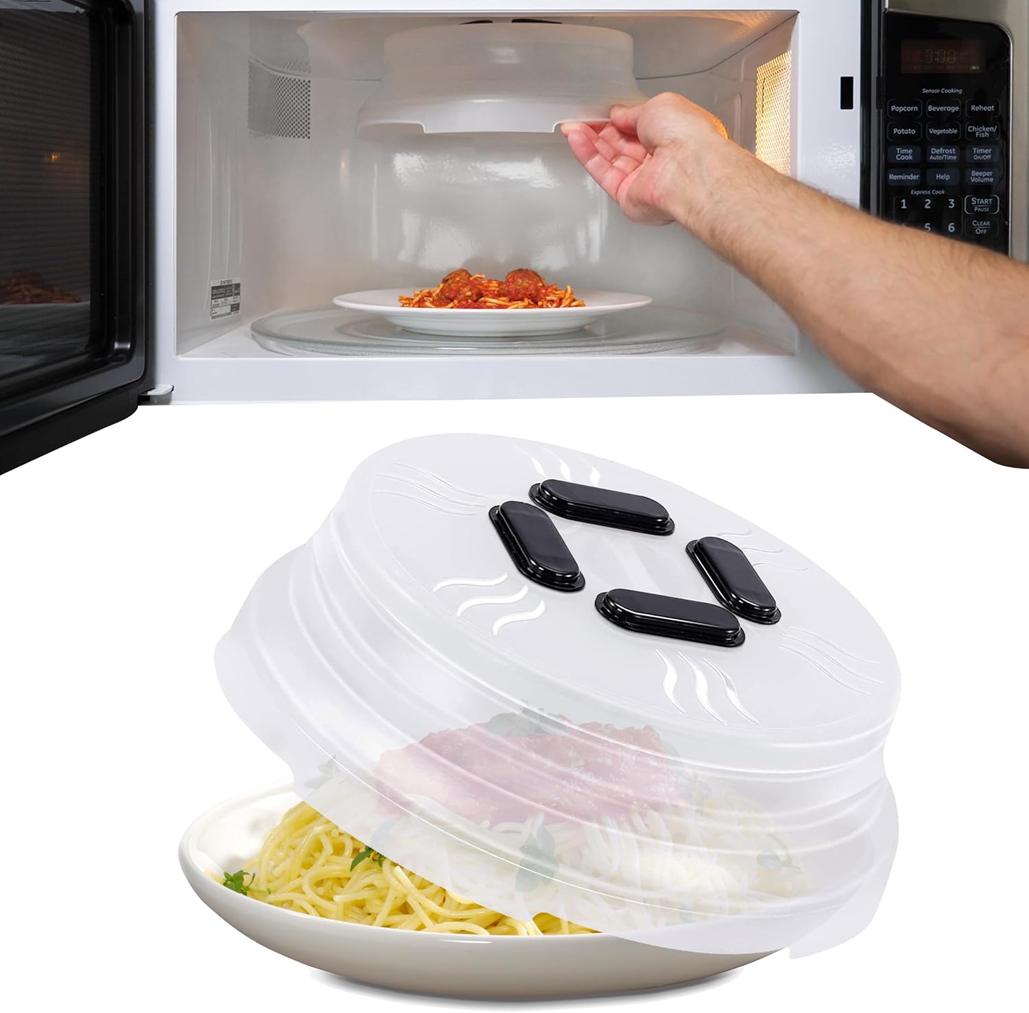Magnetic Splatter Cover, 10-Inch Clear BPA-Free Food Lid, Vented Plate Guard with Steam Vents, Anti-Splash Microwave Lid, Dishwasher Safe, Space-Saving Magnetic Storage - Black