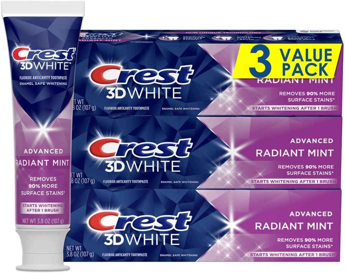 Crest 3D White, Whitening Toothpaste, Radiant Mint, 3.3 Ounce, Pack of 4