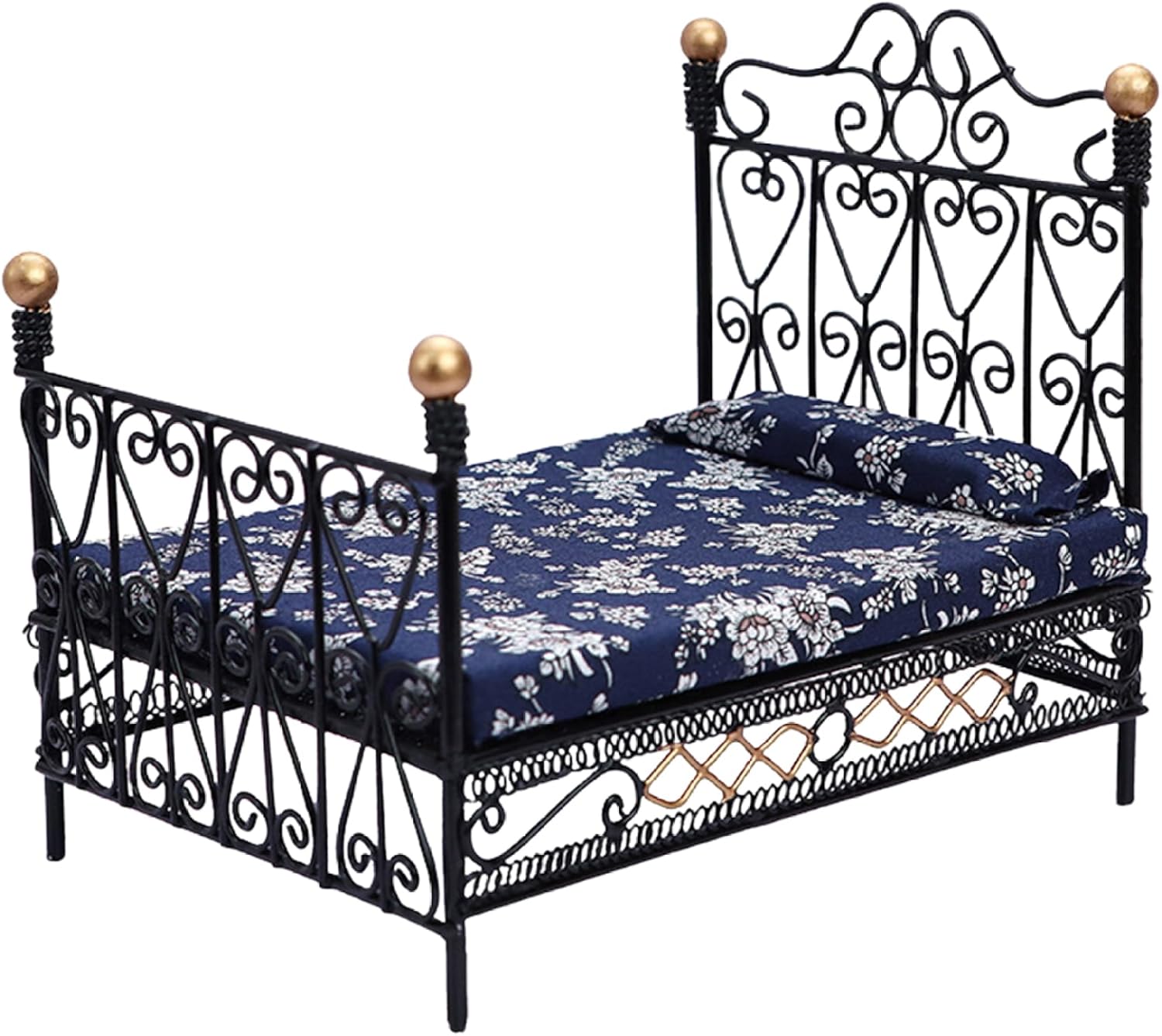 Dollhouse Bed 1:12 Scale, Mini Bed with Mattress & Pillow, Black, DIY Dollhouse Furniture Gift