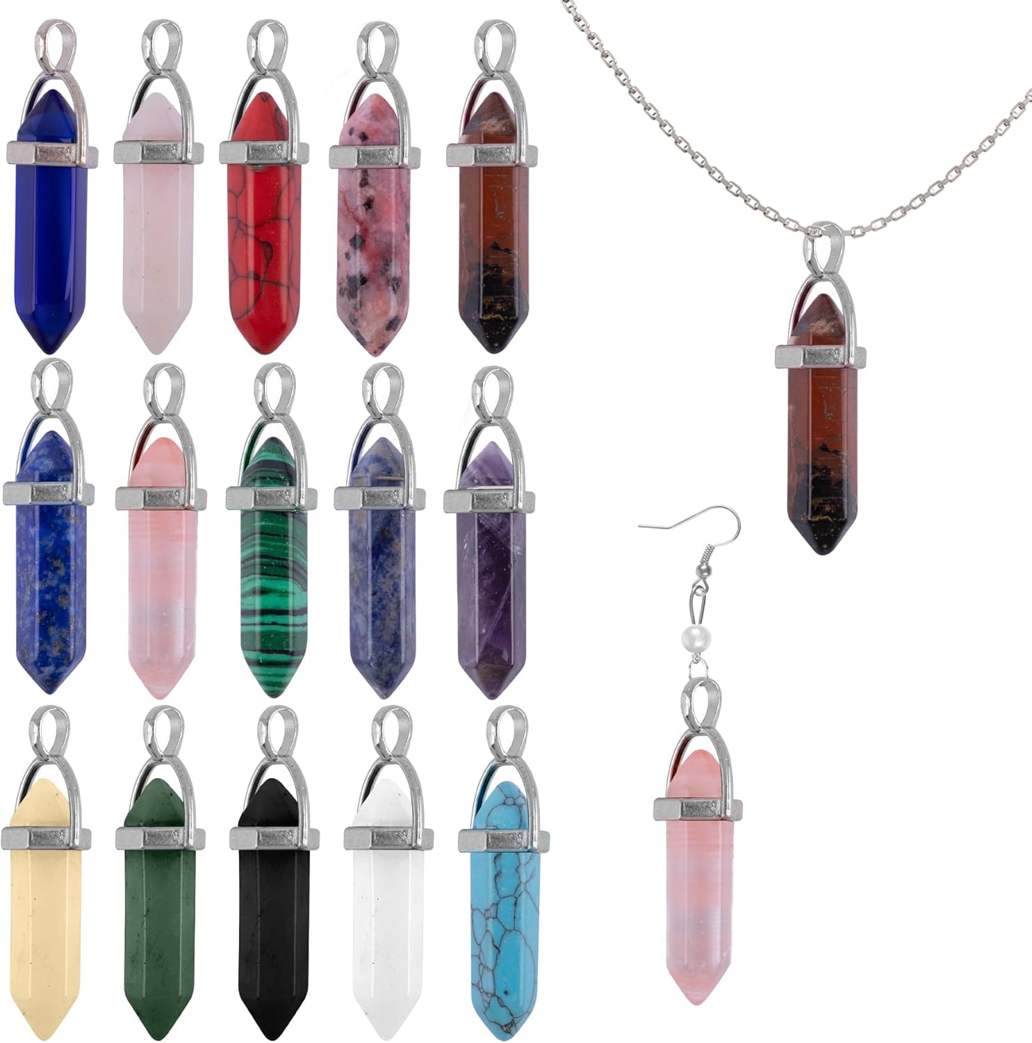 AUEAR, 15 Pack Bullet Shape Crystal Stone Charm Healing Pointed Chakra Pendants for Pendant Necklace Jewelry Making