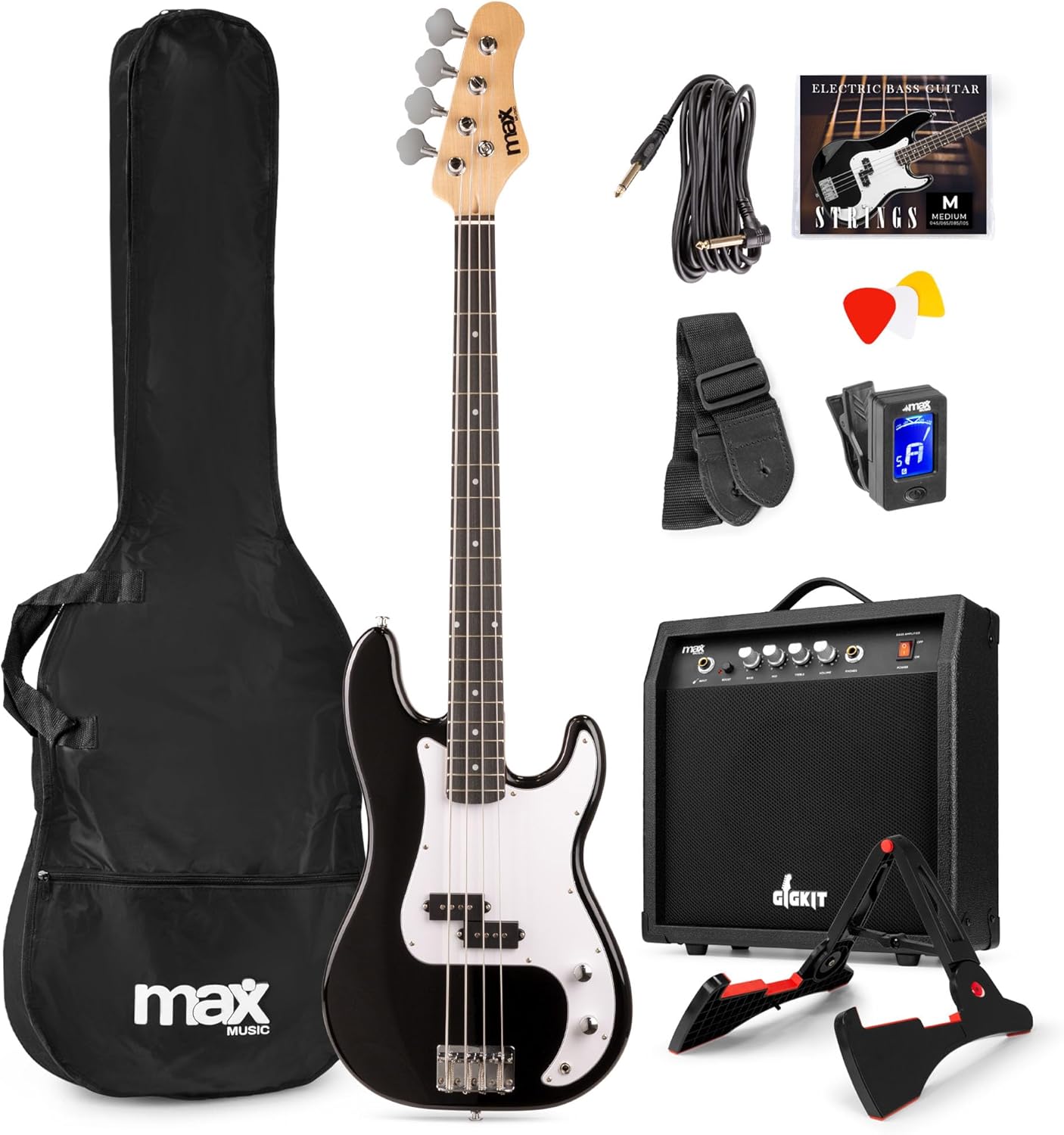 Max GigKit Beginner Bass Guitar Pack - Full-Size Electric Learner Bass Guitar Starter Set in Black, 40W Amp, Bag, Strap, Tuner, Lessons & Accessories Included - Ideal Starter Pack for Beginners