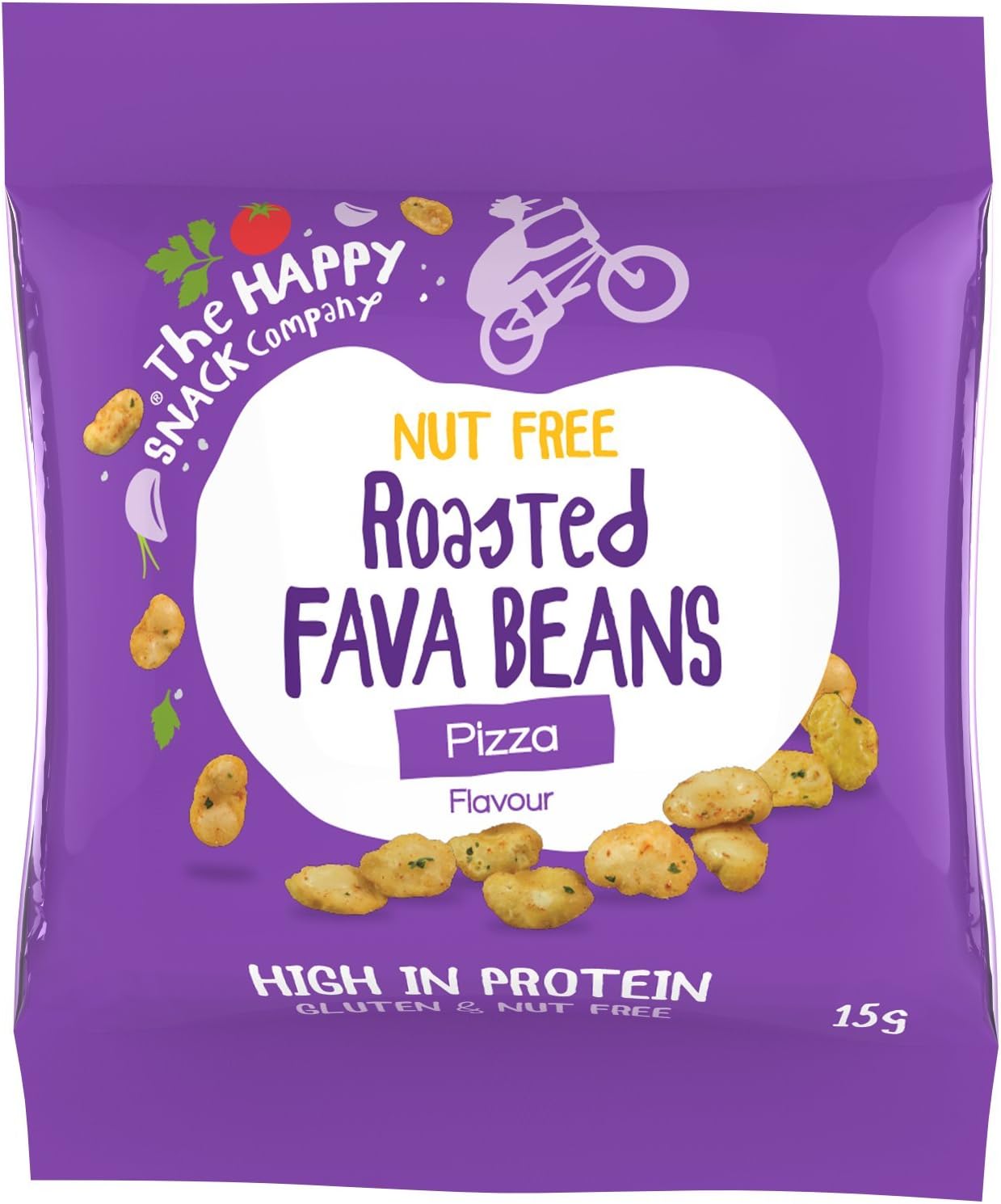 The Happy Snack Company Roasted Fava Beans, Pizza Flavour, Lunchbox Friendly Healthy Snacks, Vegan, High Protein, Low Sugar, Nut and Gluten Free, School Snacks,15g Portion, Trial Pack of 4