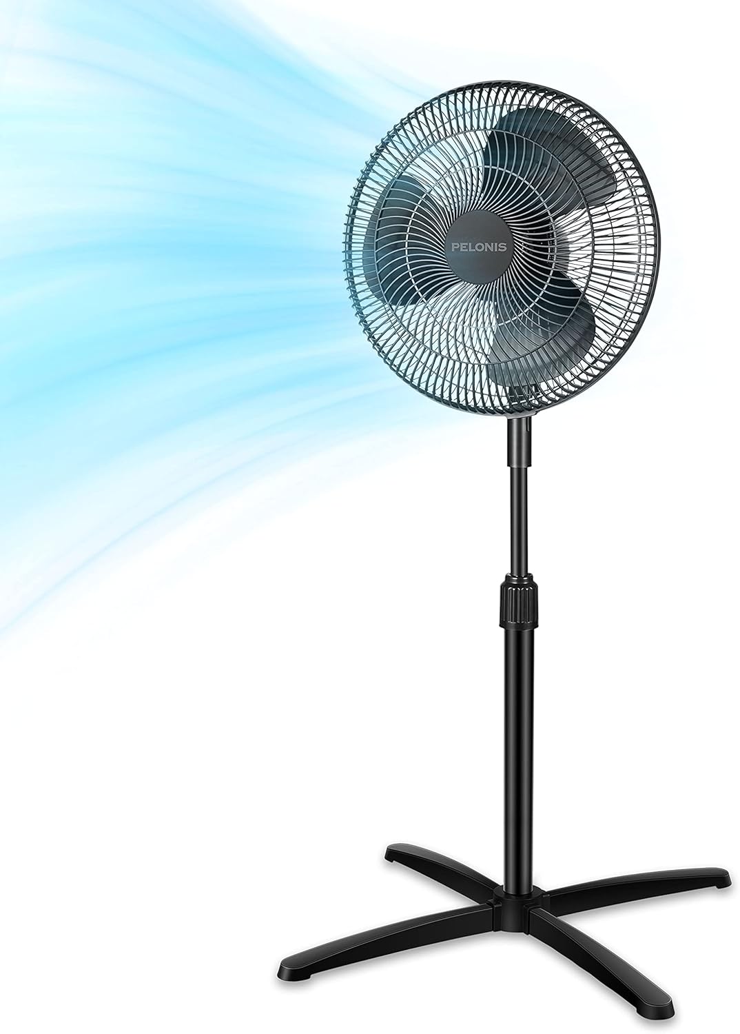 PELONIS 16 inch Pedestal Fan for Bedroom , Oscillating Fan, 3-Speeds, 90° Oscillation, Adjustable Height, Floor Fan, Standing Fan for Living Room, Kitchen, and Home office, Black
