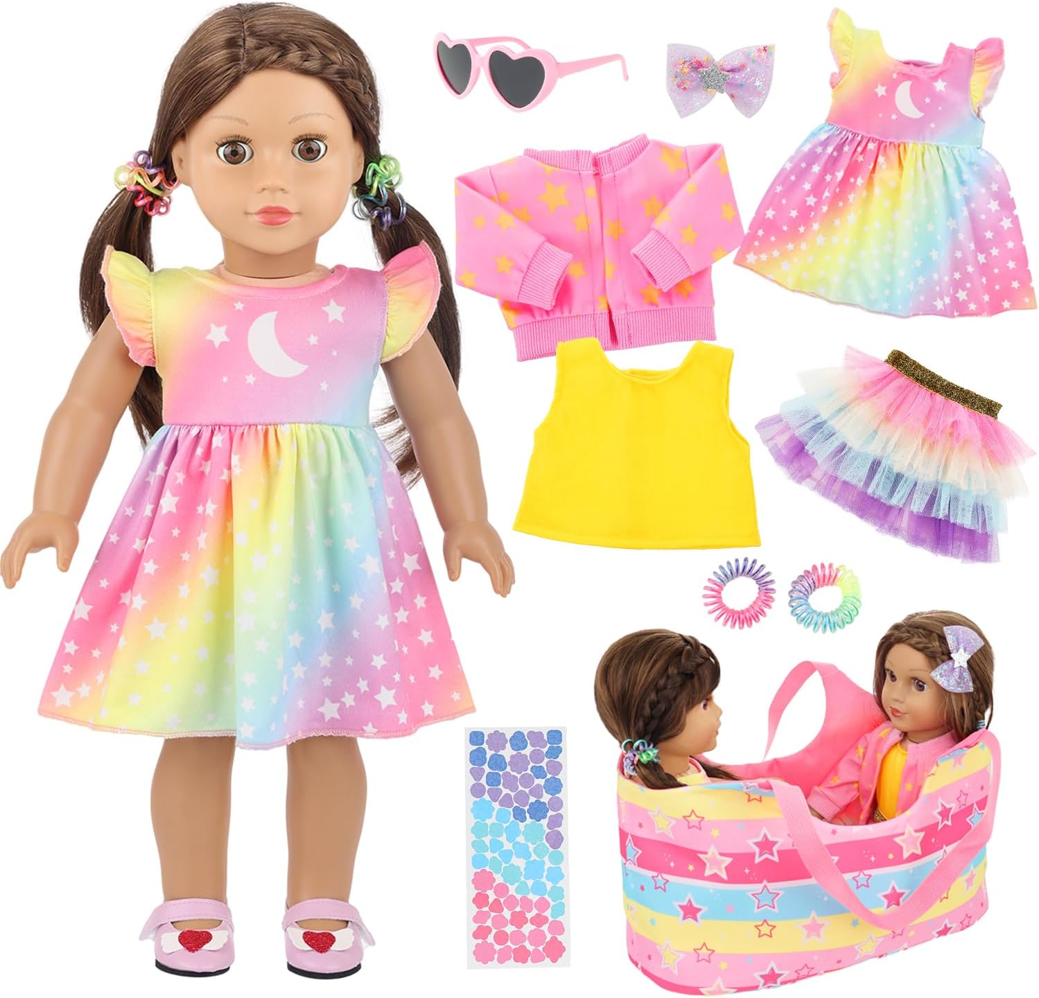 Ecore Fun 18 Inch Doll Accessories Set - 10PCS Bundle with Rainbow Dress, 3-Pieces Doll Outfits, Doll Storage Basket for 18 Inch Dolls, Hairpins, 2 Hairties, Sunglasses, Sticker