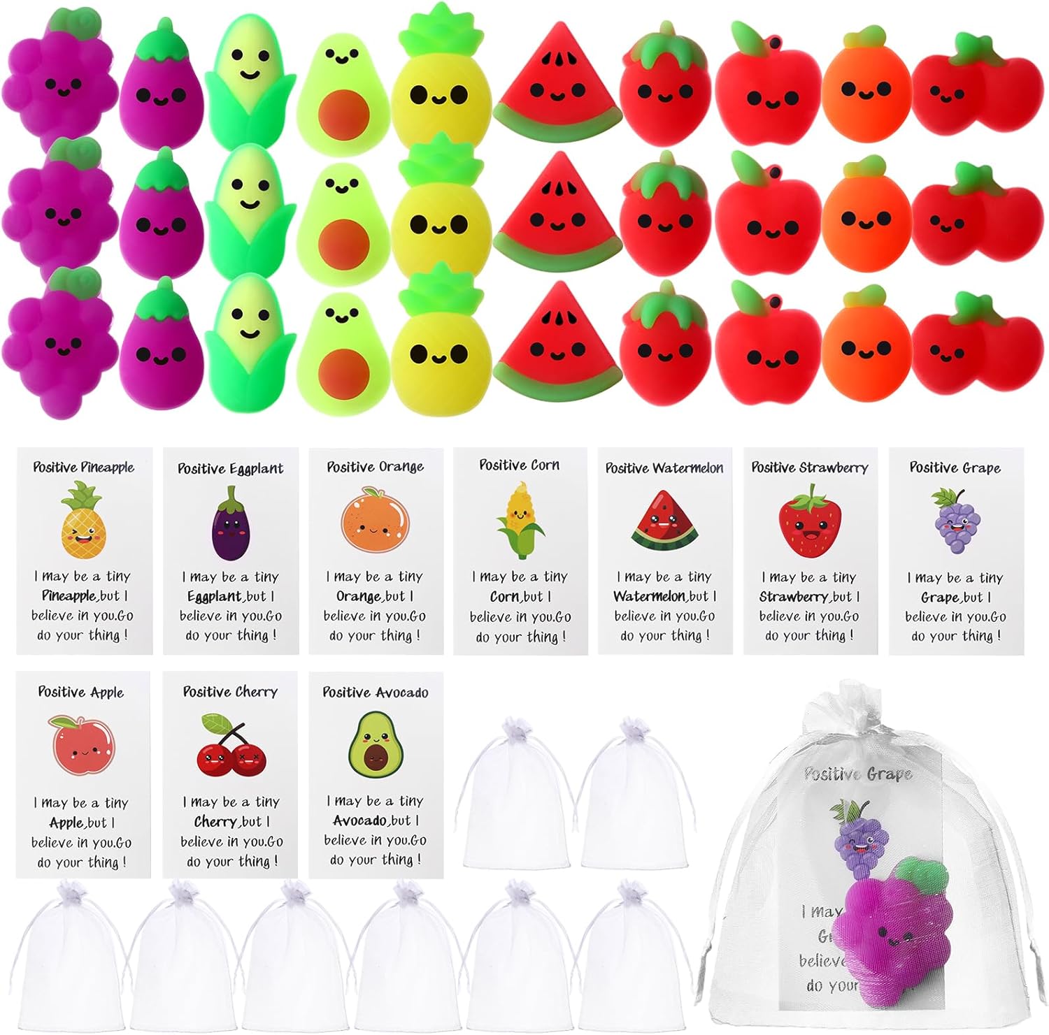 30 Sets Christmas Positive Fruit Stress Ball Employee Appreciation Gift Fruit Cards Organza Bag (Fruit Style)