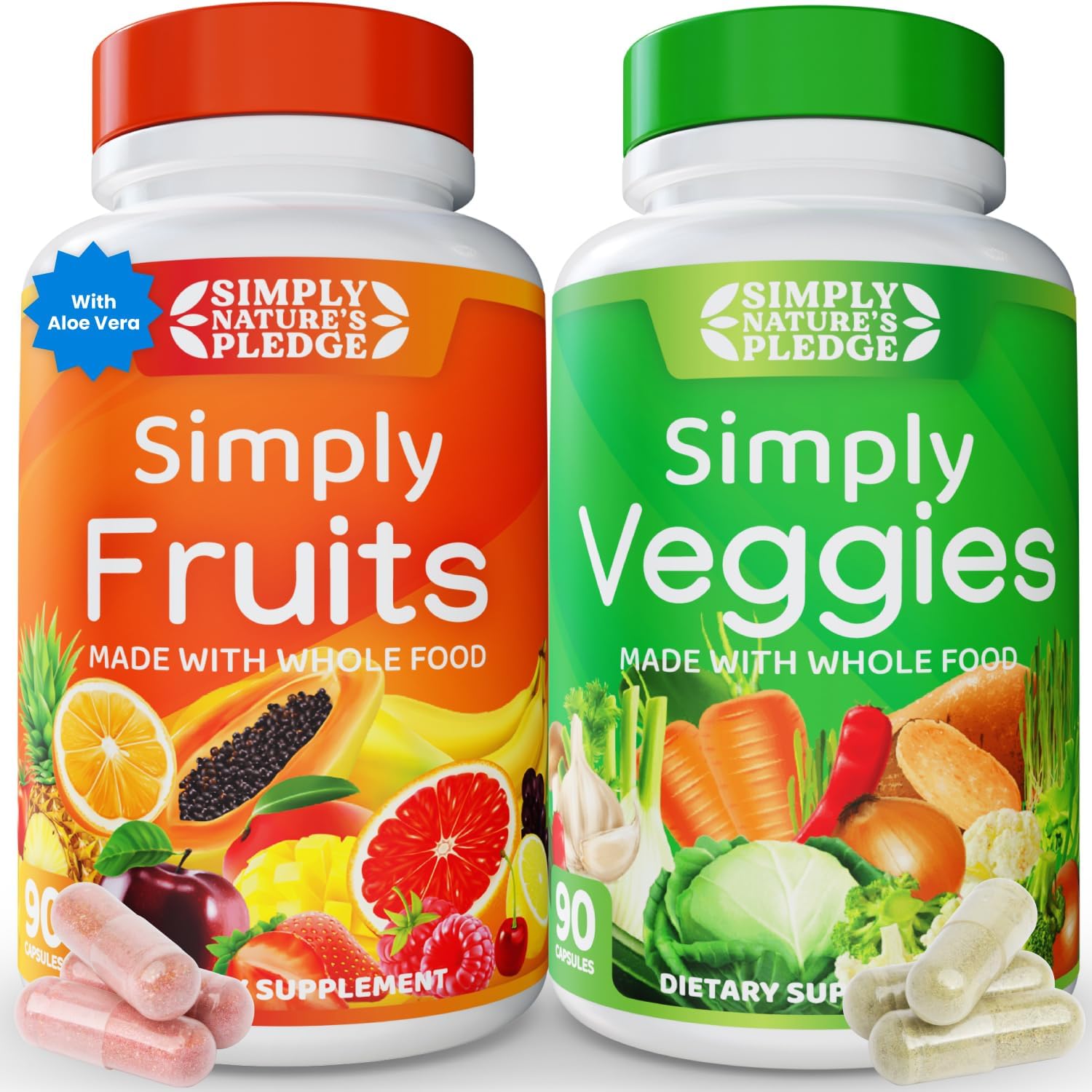Simply Nature's Pledge - Packed with 42 Different Fruits & Vegetables - Made with Whole Food Superfoods - with Aloe Vera – 100% Soy Free - 90 Count (Pack of 2)