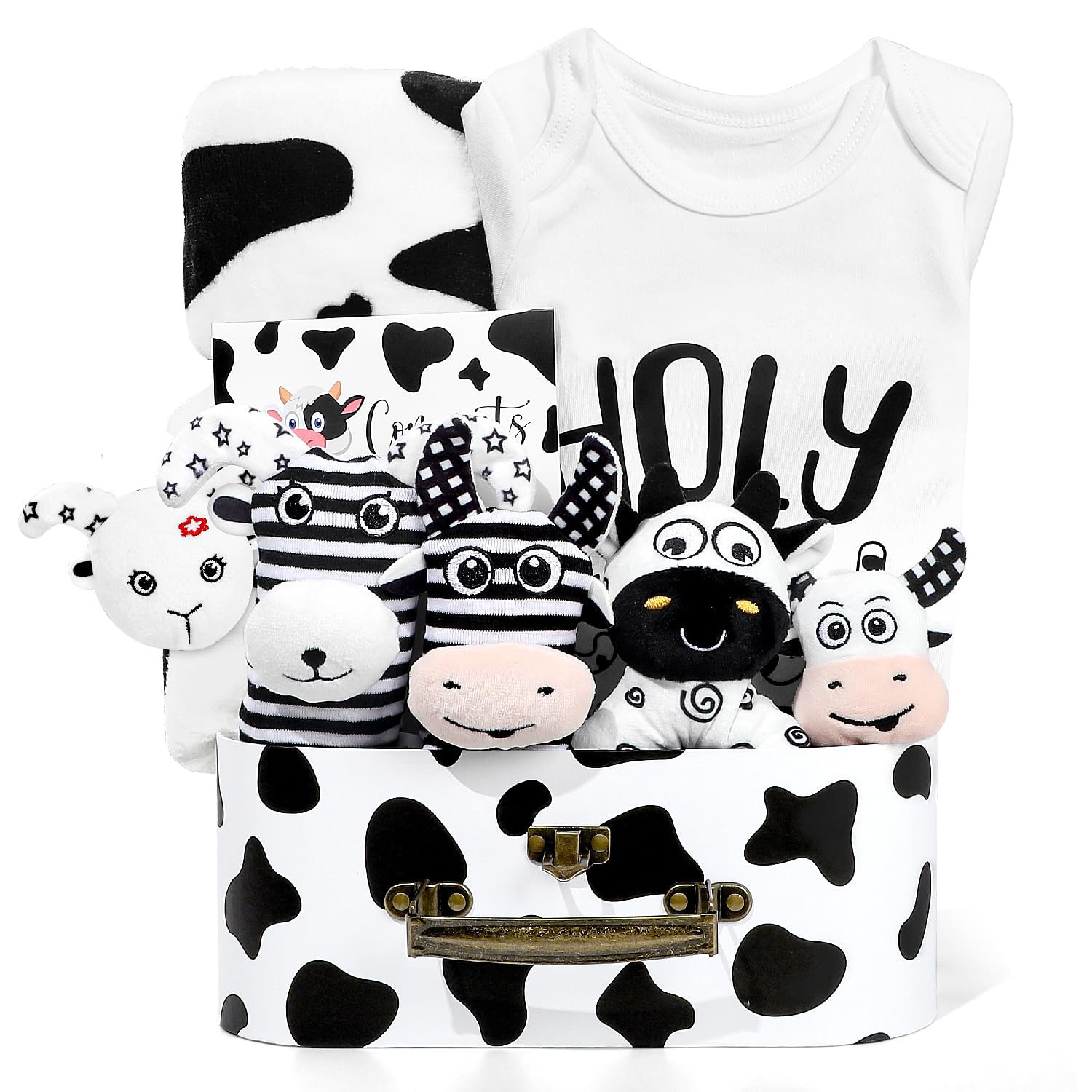 Baby Shower Gifts, Baby Gift Set for Newborn, Black and White High Contrast Baby Montessori Toys 0-6 Months Infant Rattle Socks Blanket Onesies, New Baby Gifts Basket for Girls Boys