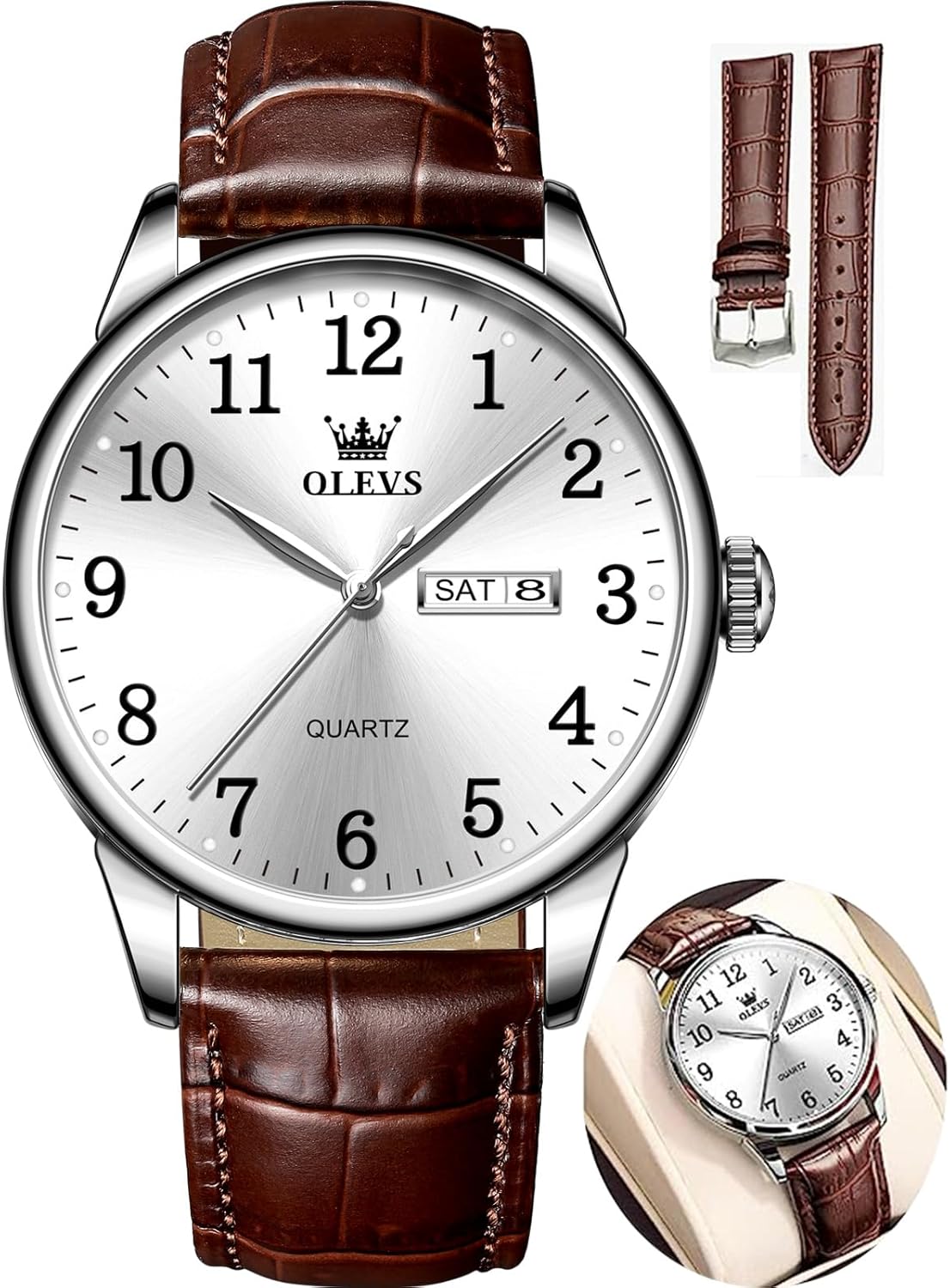 OLEVS Watch Men Mens Watches Watches for Men Leather Band Classic Brown Leather Watch Men, Analog Watch Men, Black Mens Leather Watch, Dress Waterproof Large Face Mens Watch,Relojes para Hombres Watch