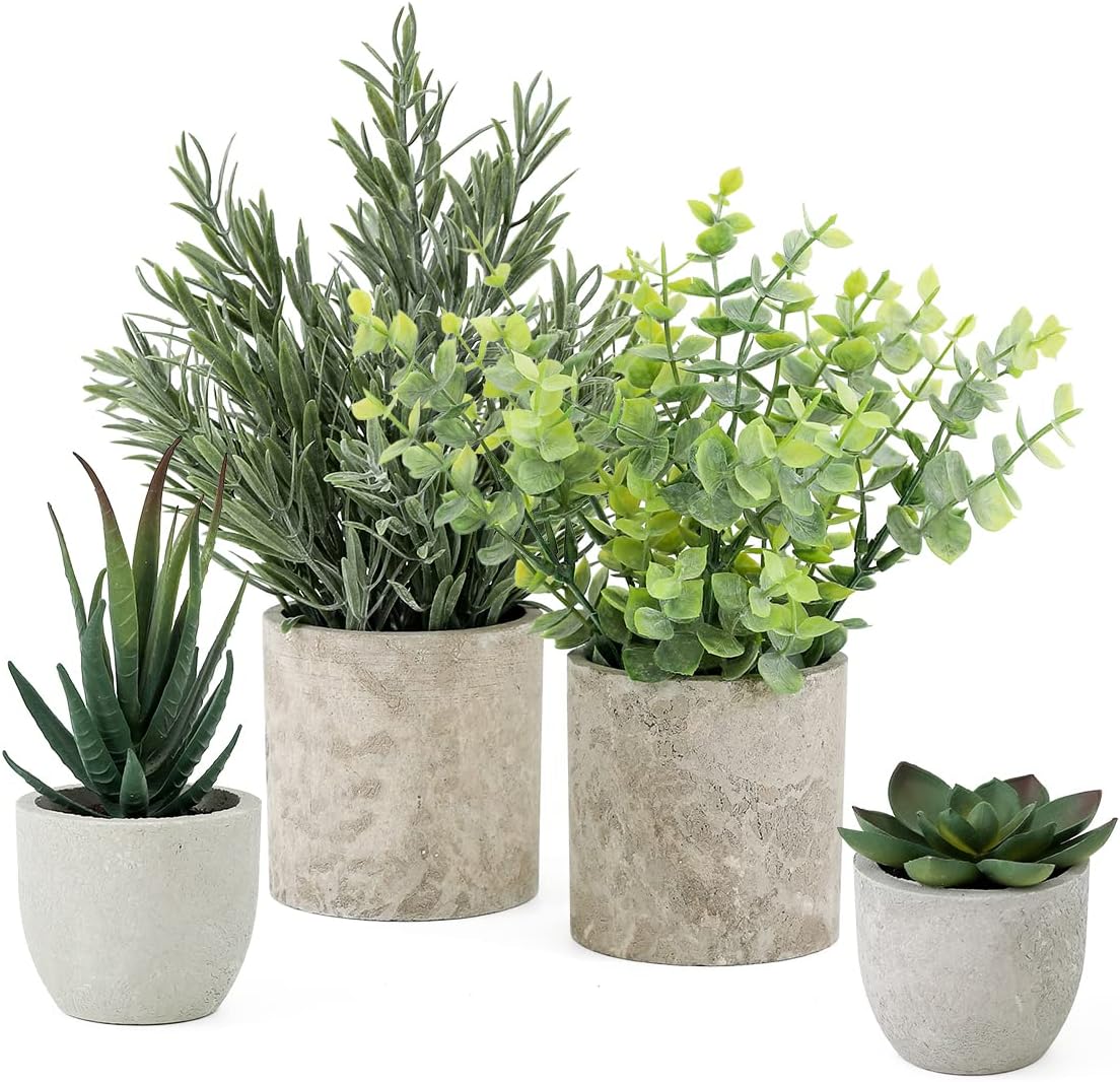 Veryhome 4PCS Artificial Plant in Pots Fake Succulents Plants in Pulp Pots Faux Eucalyptus Rosemary Topiary Shrubs Potted for Home Decorative Home Accessories Desk Living Room Decor