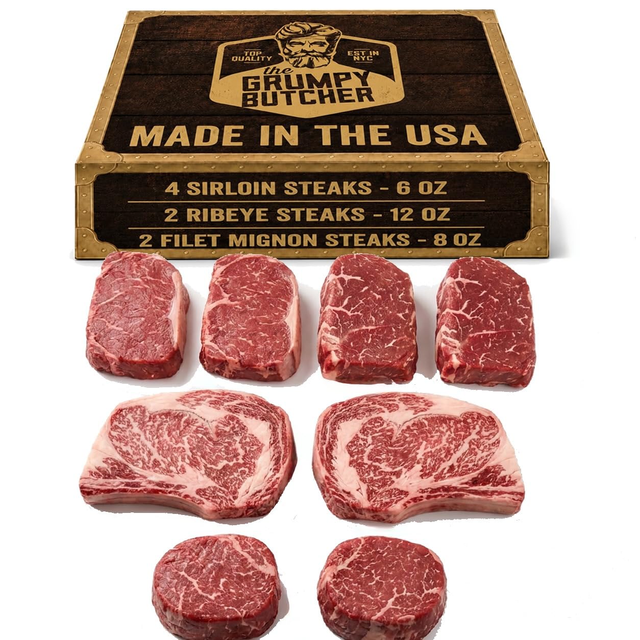 Grumpy Butcher 8 Steaks Full House Set | 4 Top Sirloin, 2 Ribeye Steaks, 2 Filet Mignon, USDA Top Choice, Steakhouse Quality Meat, Gifts Box Option