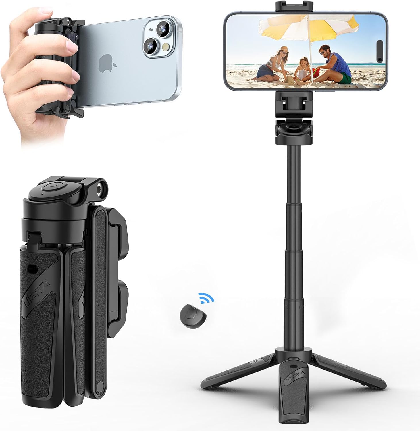 ULANZI JJ02 Selfie Stick Tripod Stand, 3-in-1 Bluetooth Tripod Stand Phone Grip Capgrip with Remote Control, Extendable Mini Tripod Phone Holder for iPhone/Samsung/Android Smartphones, 2 Cold Shoe