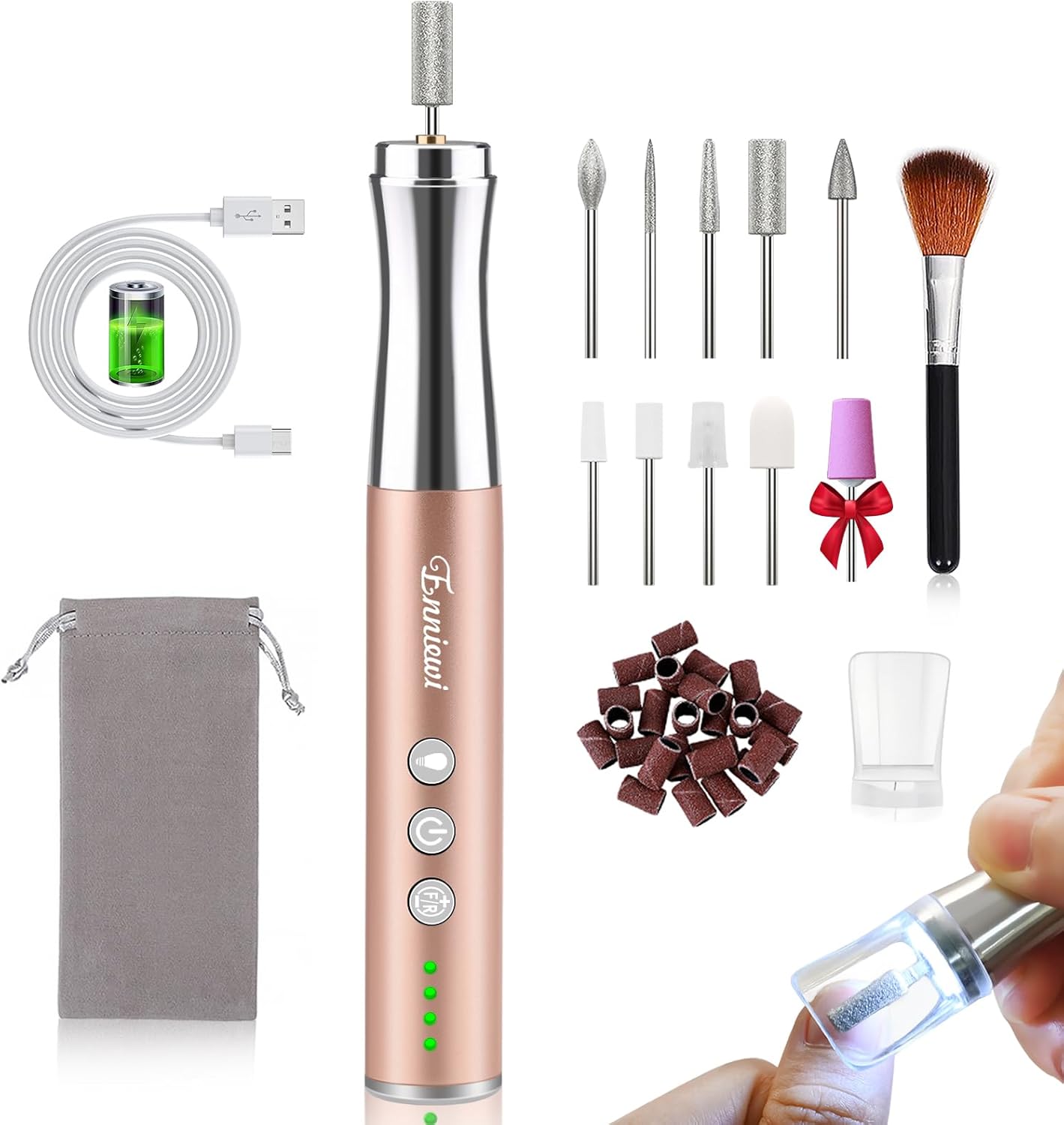 Enniewi Manicure Pedicure Professional Nail Drill Kit, Cordless Electric Nail Files with 10 Drill Bits, 10 Sanding Bands, LED Light, 3 Speeds Hand Foot Nail Care Tools for Home Nail Salon, Beginner