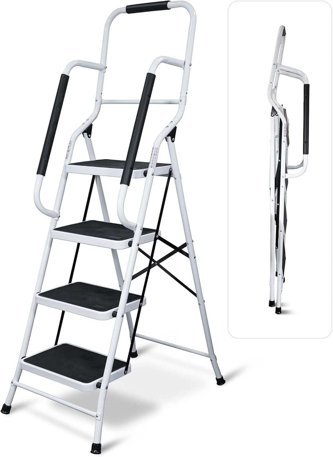 Aidapt 4 Stepladder with Dual Handrails, Folding, Space Saver, Extra Wide Rubber Treads, Non-Slip Rubber Feet, Durable Steel, for Home DIY, Gardening, Workplace, Kitchen Step Stool,