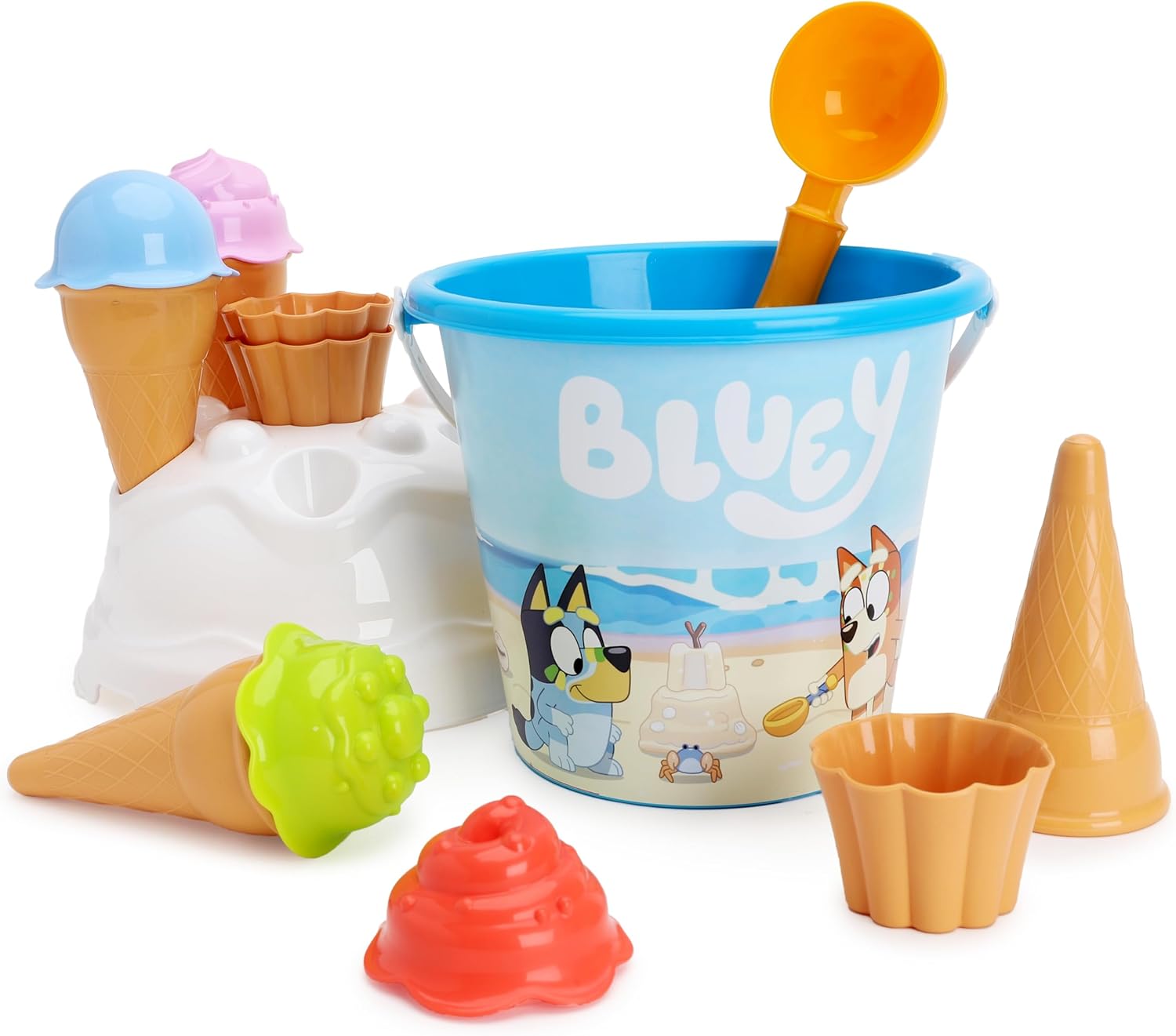 Toyland® Bluey & Bingo 14 Piece Bucket & Scoop Set With Ice Cream Cones - Sand & Water Play - Beach Toys - Age 2 Years+