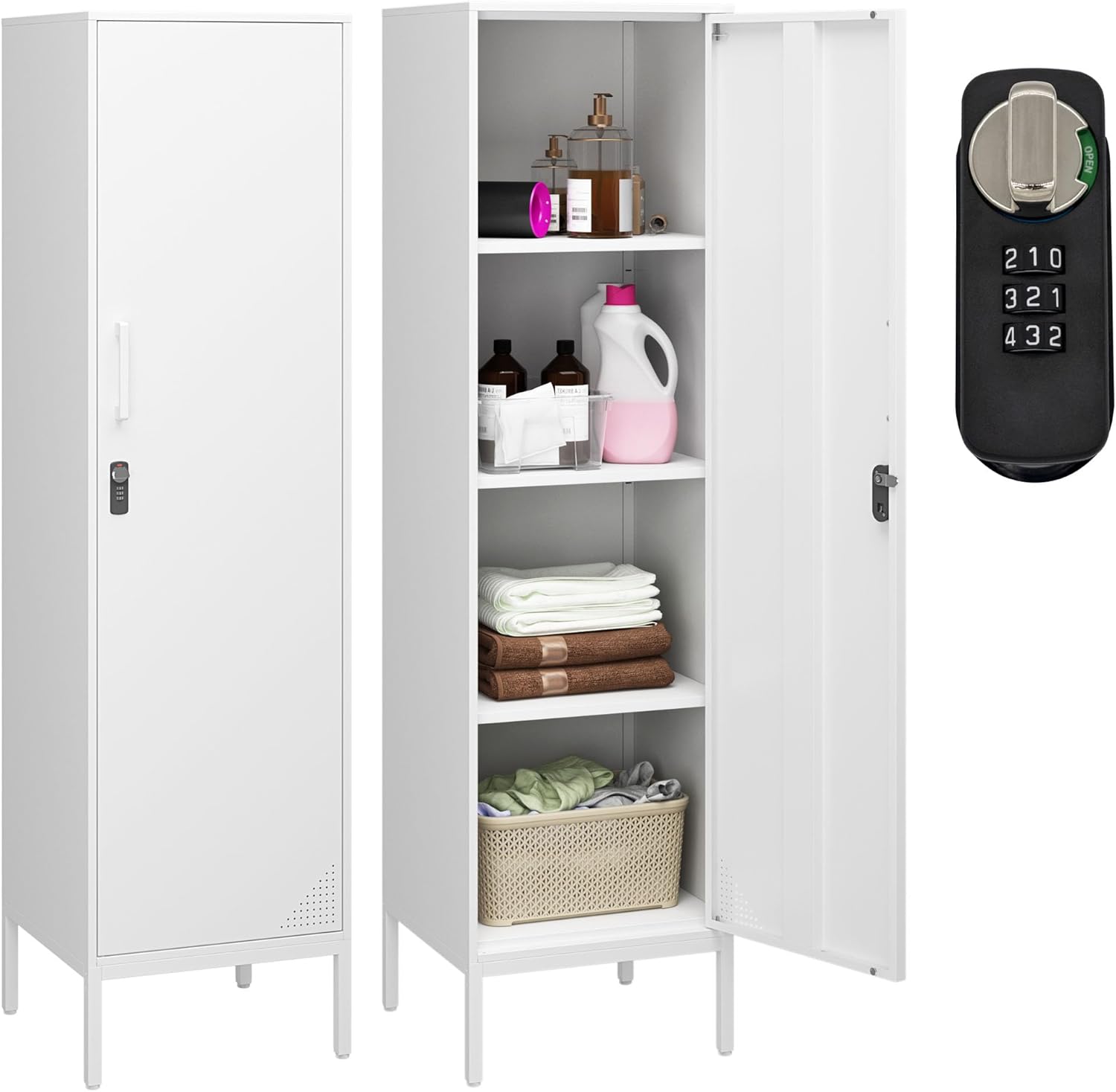 Metal Locker, Storage Cabinet with Digital Lock, Steel File Cabinet with 3 Adjustable Shelves for School, Living Room, Bedroom, Office (White, H59.06'')