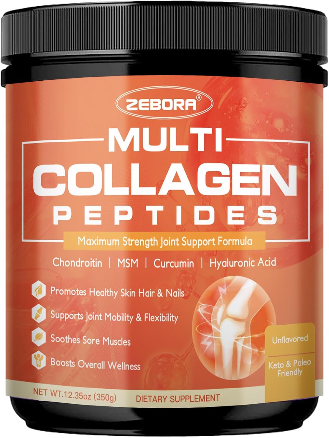ZEBORA Multi-Collagen-Peptides-Powder for Joint Recovery with MSM & CS, Hydrolyzed Collagen Peptides with Hyaluronic Acid & Vitamin C for Women and Men Hair, Skin & Nails Support, Keto Friendly