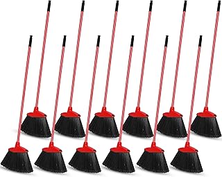 12 Pcs Heavy Duty Broom Bulk 53 Inch Commercial Angle Brooms for Sweeping Indoor Outdoor Broom with Long Handle Black Broom for Garage Courtyard Patio Lobby Mall Market Shop Sidewalk Floor (Red)