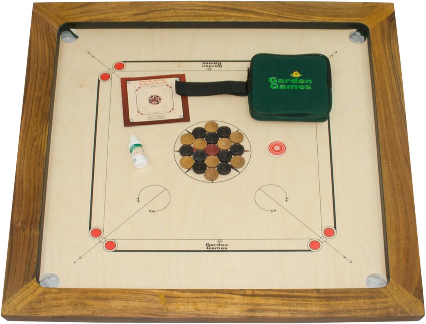 Championship Carrom Board Set by Garden Games - With Premium 16mm Thick Ash Playing Surface and Heavy Rosewood Frame - Superb Rebound - Weighs 18kg - Includes Coins, Striker and Powder