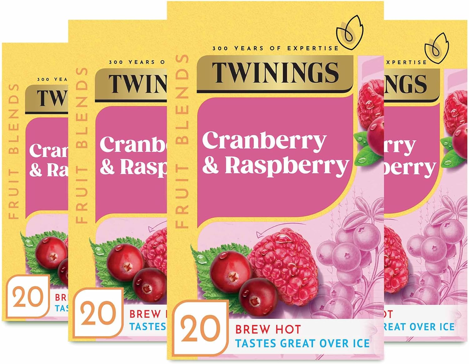 Twinings Raspberry & Cranberry Fruit Infusion Flavoured Tea - 80 Biodegradable Bags (Multipack of 4 x 20) , Caffeine & Sugar Free Herbal Vegan Tea with Natural Fruit Flavors, Refreshing Berry Blend