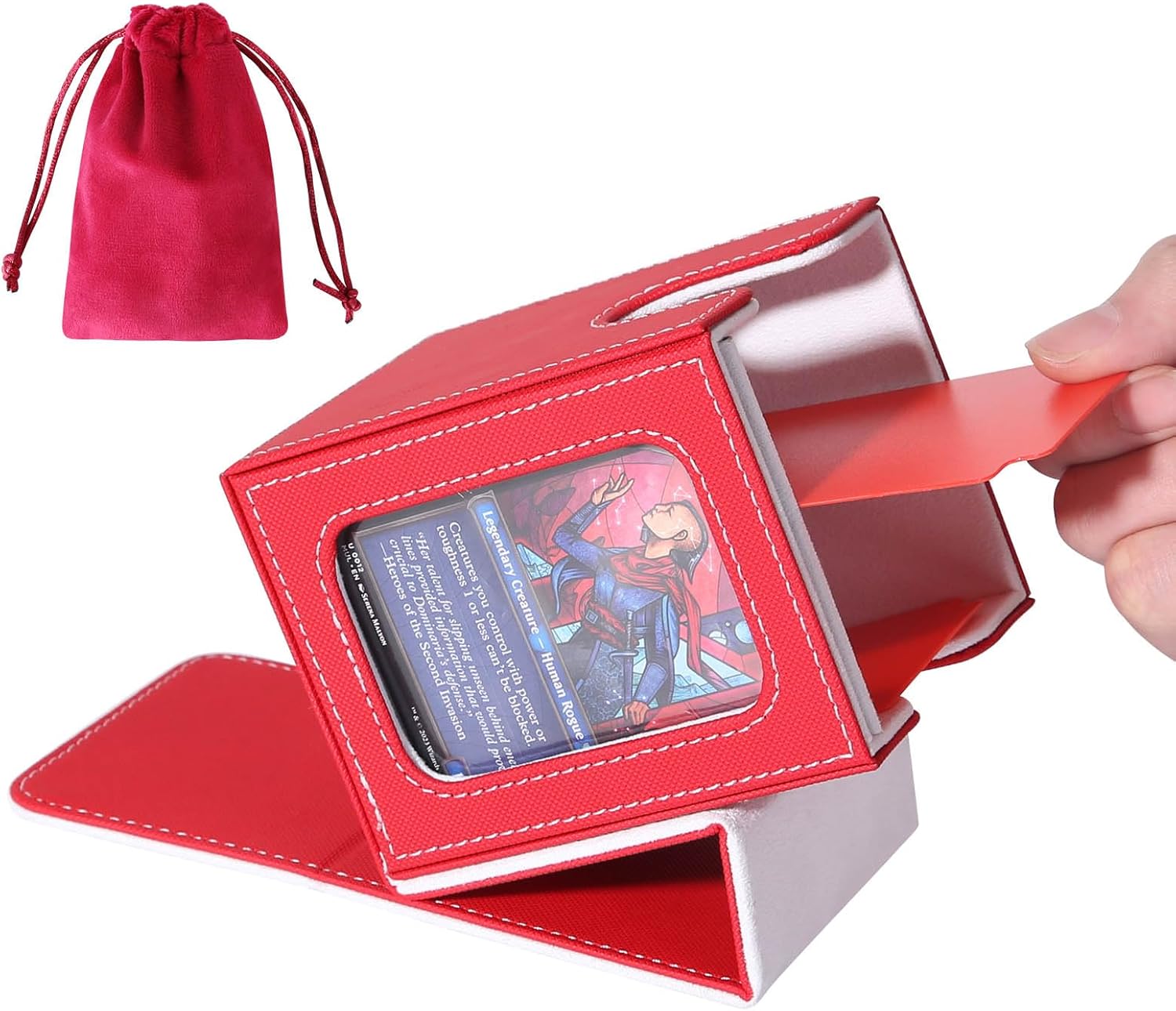 AFIING MTG Deck Box for Commander Display,Card Deck Box Fits 60+ Double Sleeved Cards or 100+single sleeved cards, Magic Commander TCG Card Storage Box with 2 Dividers,Dice Bag(Red/White)