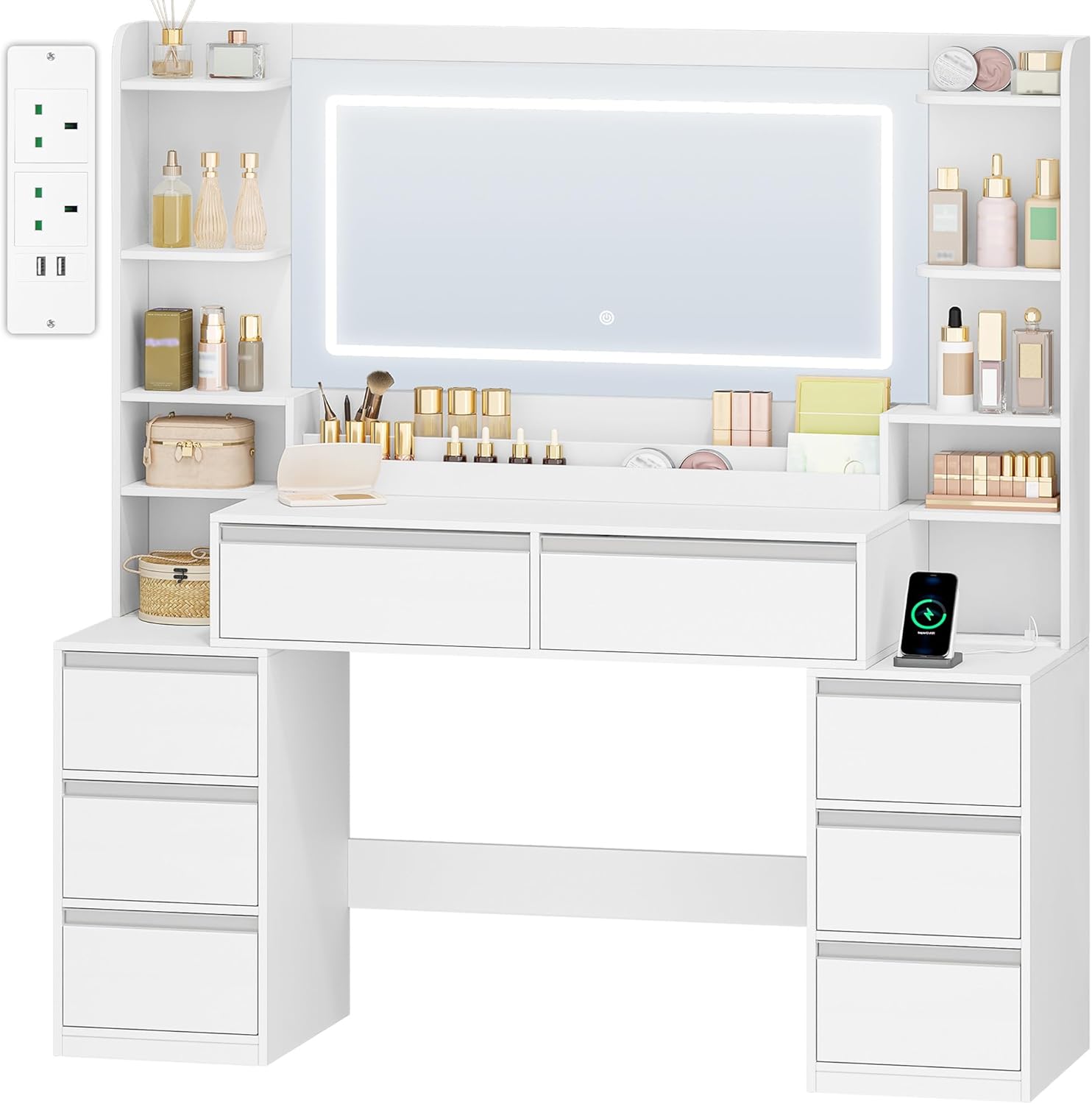 135 cm Dressing Table with Mirror, Vanity Desk, Adjustable 3-Colour LED Lights, Dressing Table with Plug, Hairdryer Holder, 8 Drawers, Open Storage Spaces, Modern, White-Silver