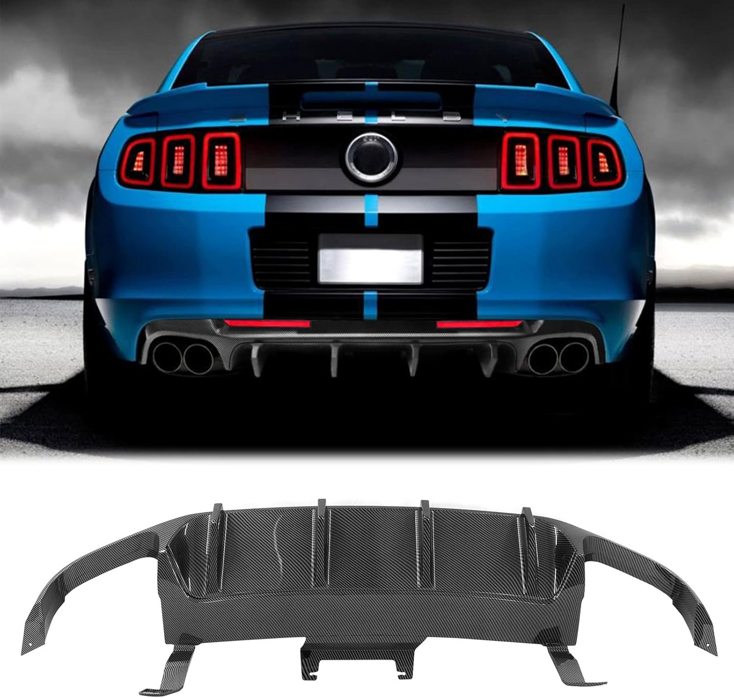 FREEMOTOR802 Compatible with 2013-2014 Ford Mustang Shelby GT500 Rear Diffuser Lip, GT500 Style Carbon Fiber Print PP Rear Bumper Molding Lip Lower Valance Diffuser W/ V3 Style Shark Fin