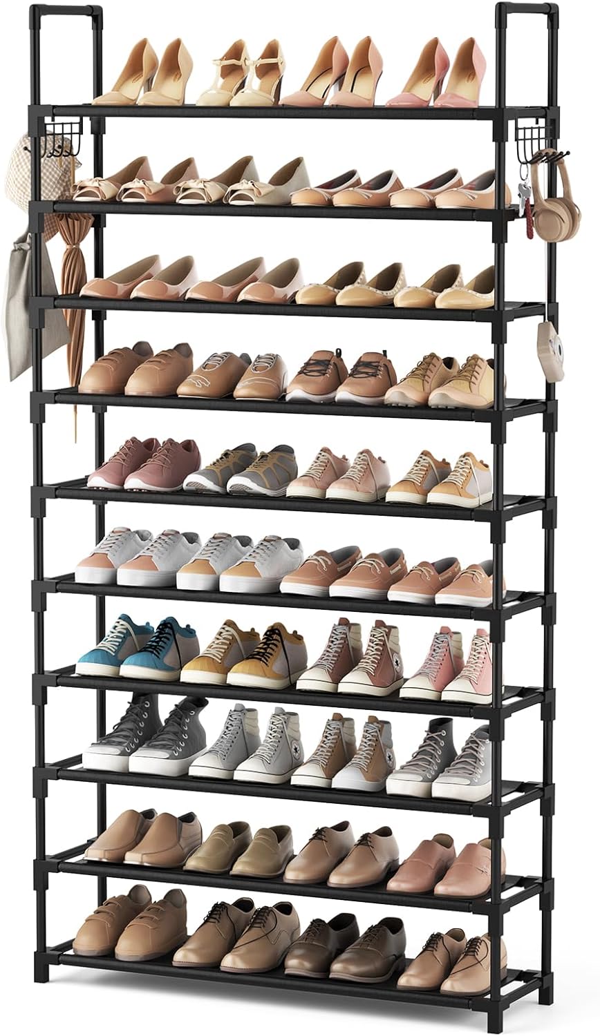 VTRIN 10-Tier Shoe Rack - Large Capacity 50 Pair Organizer with Two Hooks - Sturdy Metal Shoe Shelf for Entryway, Closet, Bedroom