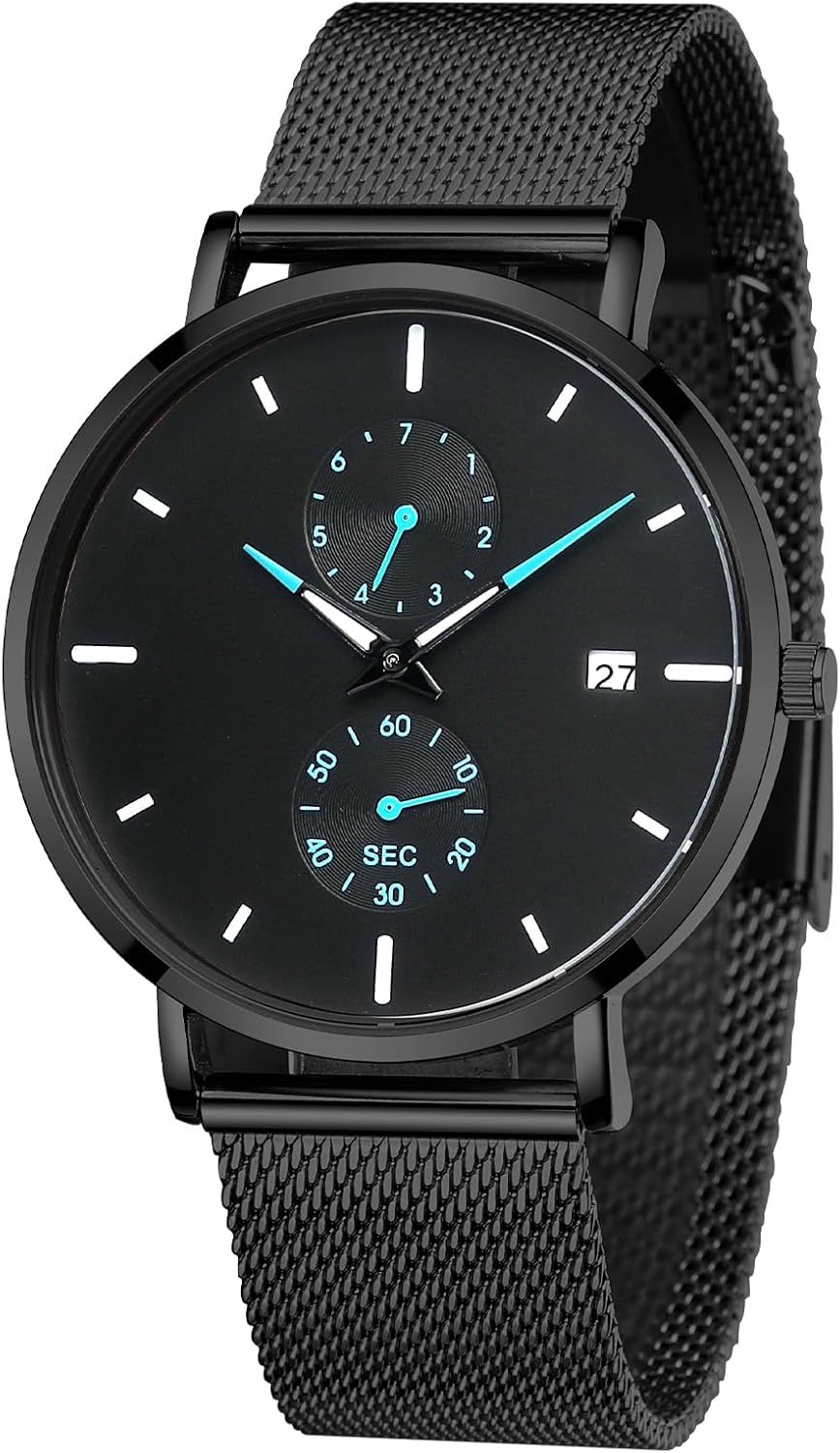 Mens Watches Sleek Minimalist Analog Quartz Waterproof Watches for Men, Stainless Steel Mesh Band Men's Wrist Watch with Auto Date