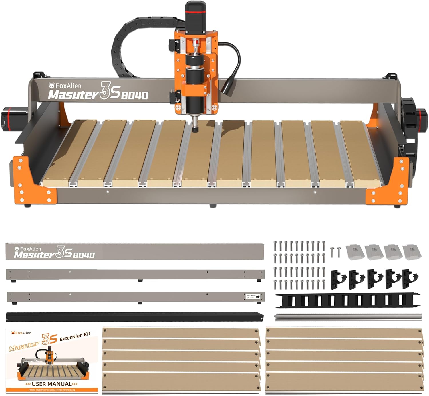FoxAlien 3S 8040 X-axis Extension Kit with T-slot Hybrid Spoilboard for Masuter 3S CNC Router Machine, for Large Engraving Carving Projects (Extend X-axis to 800mm)