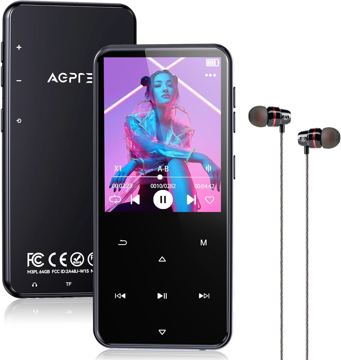 AGPTEK 64GB MP3 Player with Bluetooth, M3 2.4 inch Music Player with Speaker and FM Radio, Touch Buttons, Supports Up to 128GB
