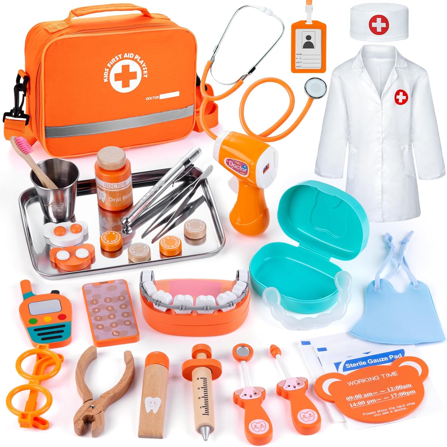 EFO SHM Doctors Set for Kids, Role Play Dentist Toys for Kids, Wooden Toys for 3 4 5 6 Year Olds Girls and Boys, with Simulation Dentist Tools and a Real Stethoscope