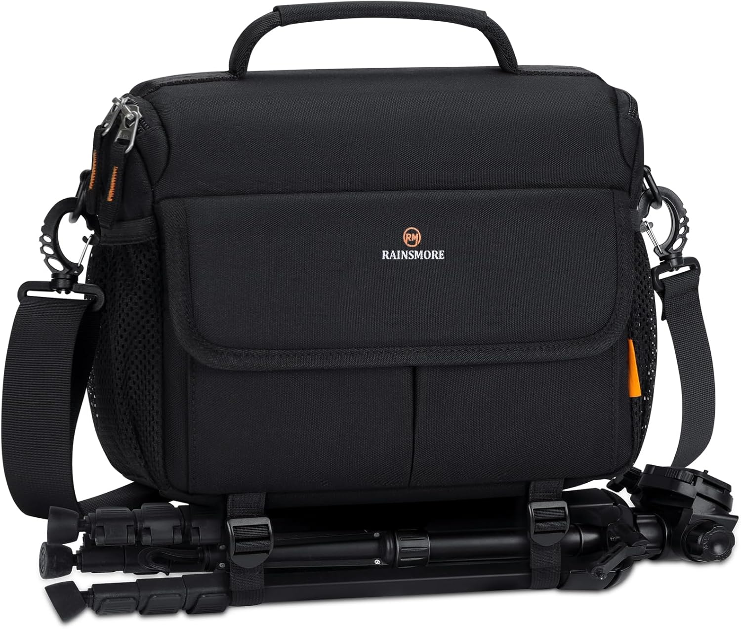 RAINSMORE Camera Bag for DSLR SLR Mirrorless Camera,Small Camera Sling Bag for Photographers Waterproof Camera Case with Tripod Holder Compact Camera Bag Crossbody with Rain Cover Black