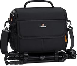 RAINSMORE Camera Bag for DSLR SLR Mirrorless Camera,Small Camera Sling Bag for Photographers Waterproof Camera Case with Tripod Holder Compact Camera Bag Crossbody with Rain Cover Black