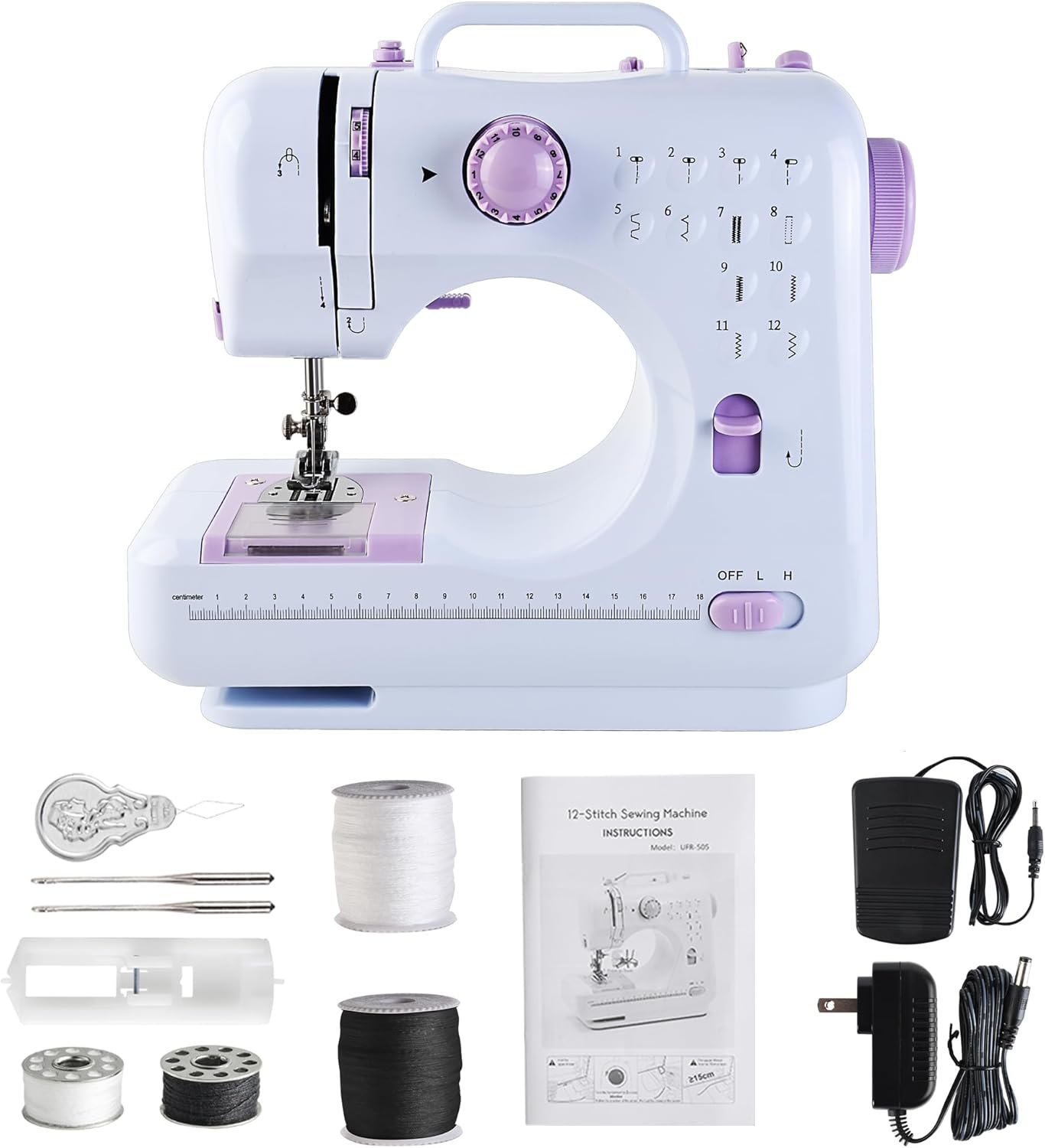 Mini Sewing Machine for Beginners and Kids Ages 8-12, Portable Sewing Machines with 12 Built-in Stitch Patterns, Light, 2 Speed Foot Pedal - Purple & White (with Basic Sewing Kit)