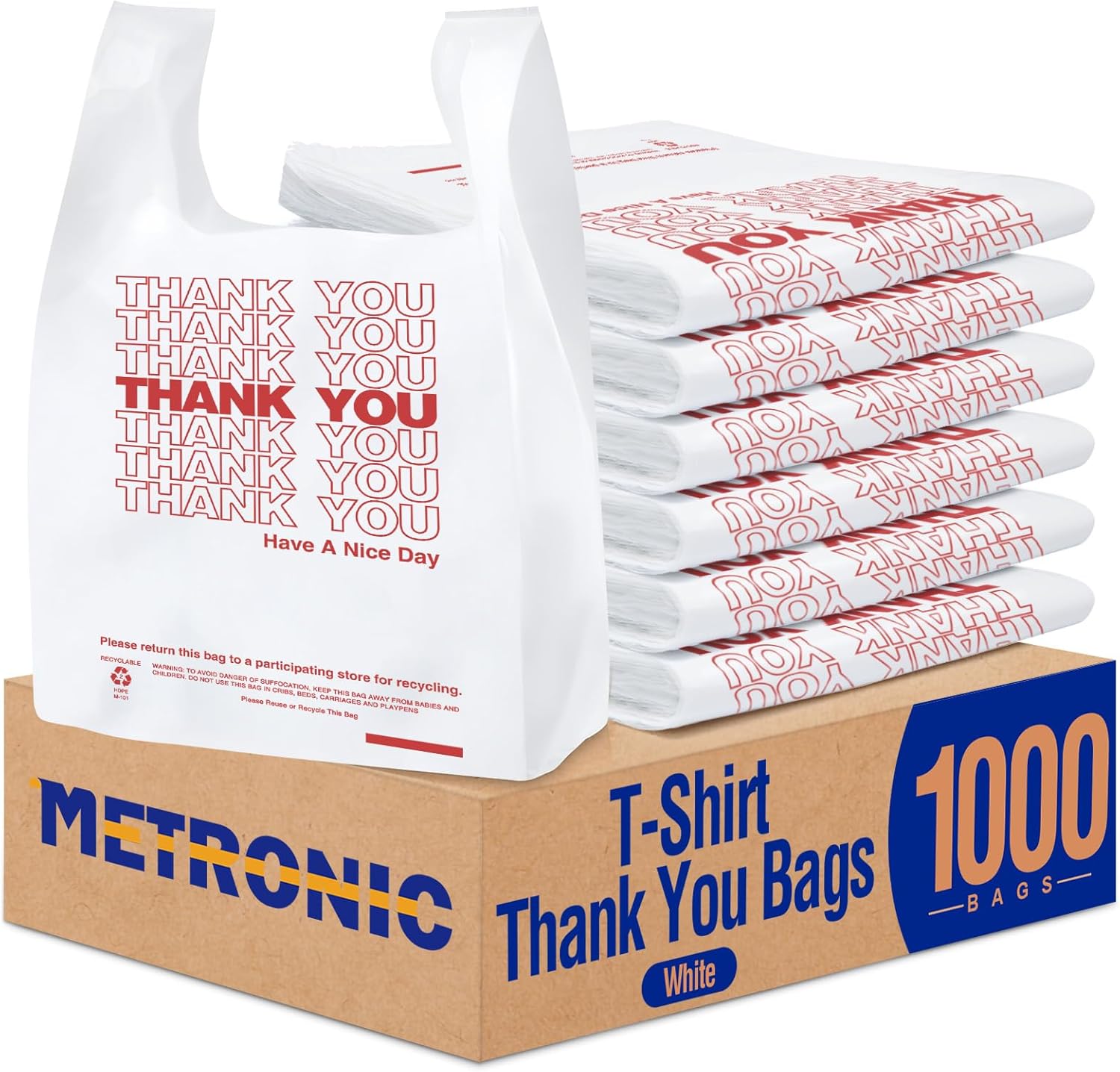 METRONIC 1000 Count White Thank You Bags with Handles, 12" x 6.5" x 21" Plastic Carry Bags for Retail, Supermarket, Grocery Shopping Bag for T-shirt Packaging, Takeout, Convenience Stores, in Bulk