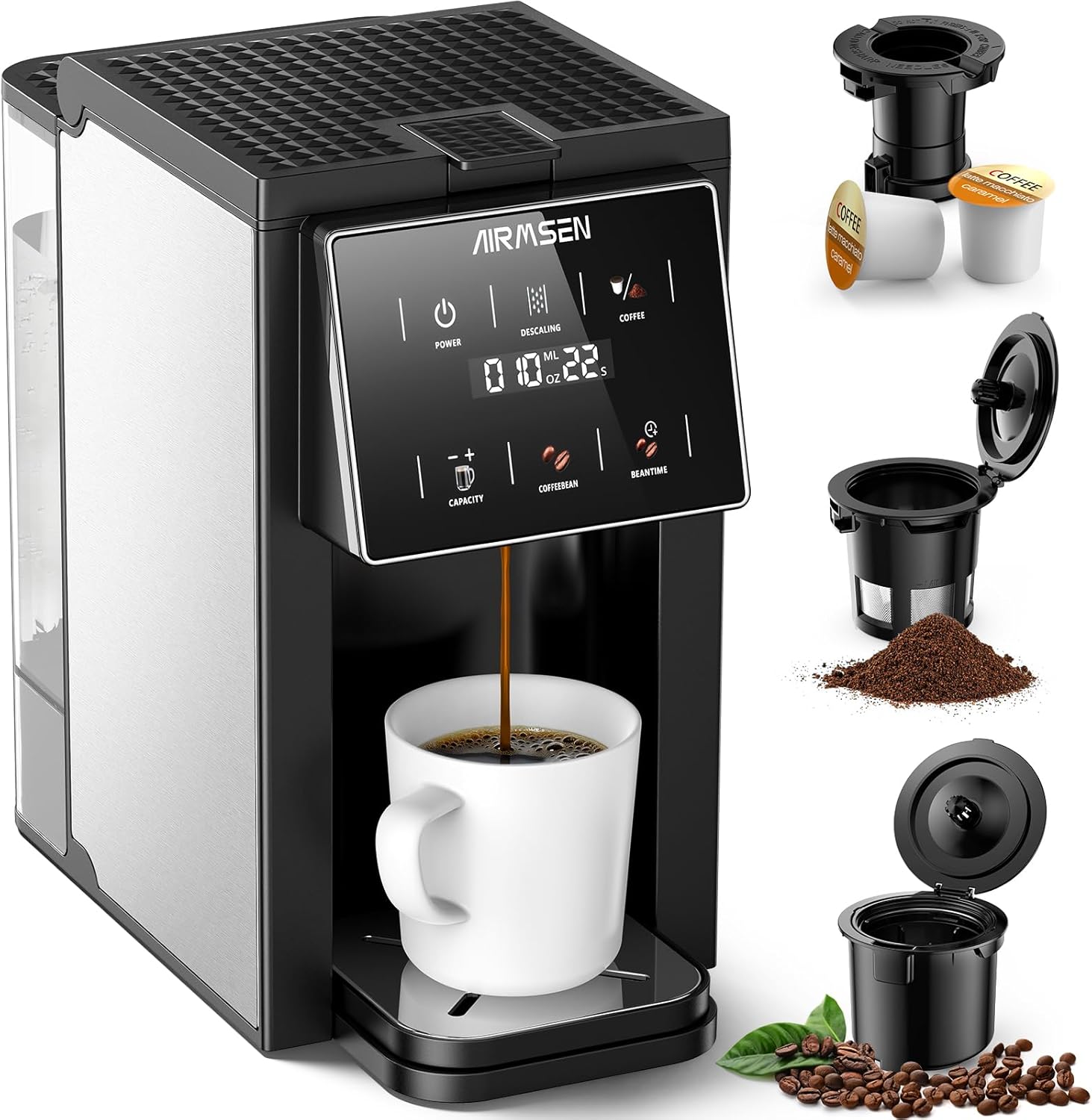AIRMSEN Grind & Brew Coffee Maker with Grinder - Single Serve Machine Compatible with K-Cup Pods & Ground Coffee, 1000W Fast 6-14oz Brewer, Descaling Alert, Touchscreen & 50oz Removable Tank