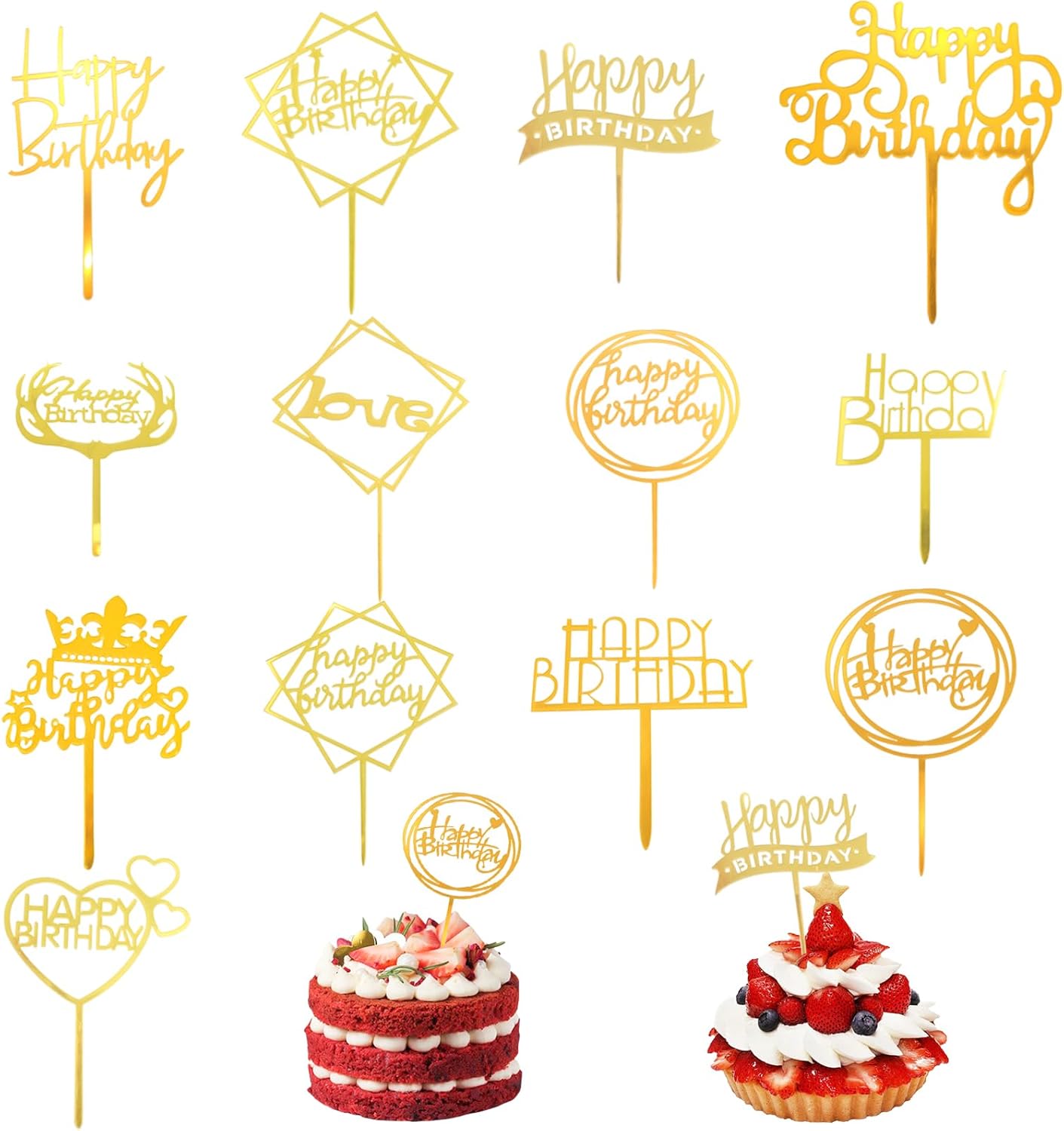 26PCS Happy Birthday Cake Toppers, Acrylic Cake Bunting Decor, Gold Cupcake Cake Toppers, Birthday Event Party Supplies(13 Styles)