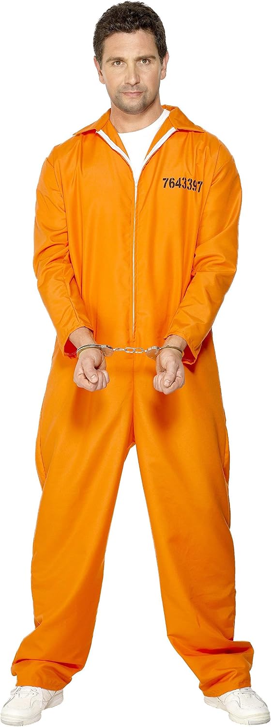 Smiffys Escaped Prisoner Costume, Orange with Boiler Suit, Fancy Dress, Adult Dress Up Costumes