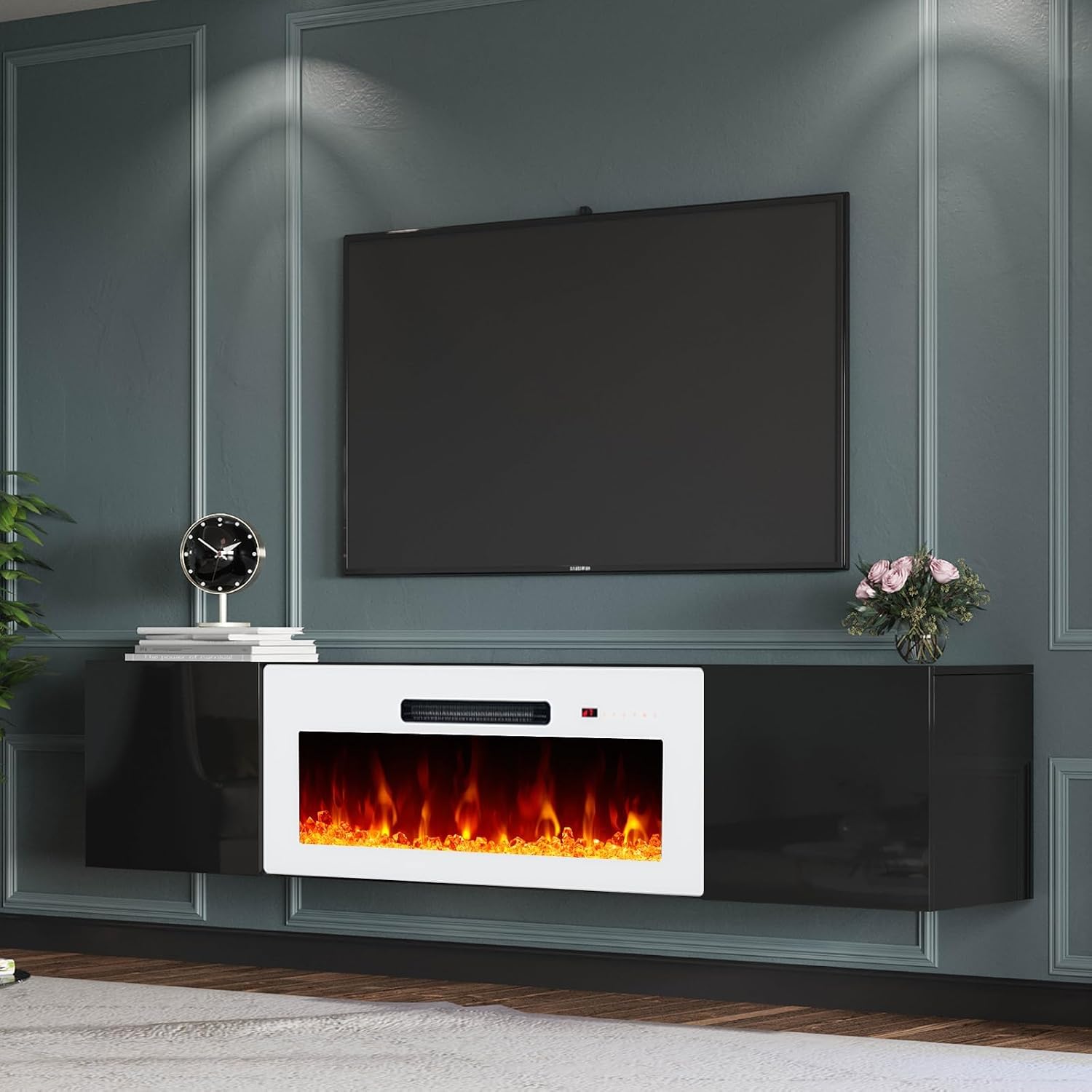 AMERLIFE 68" Floating TV Stand with 36" Electric Fireplace & LED Lights