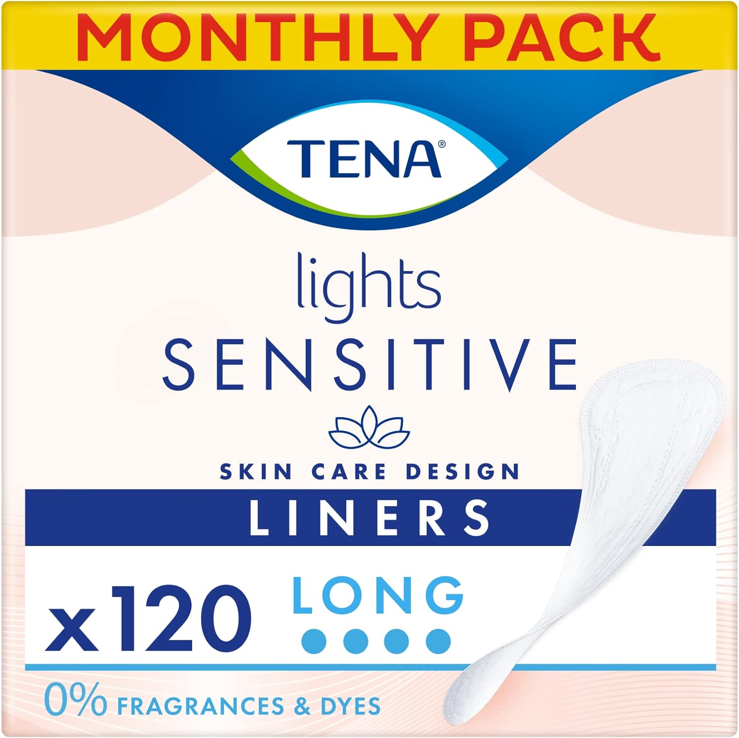 TENA Lights Long Liner, 120 Incontinence Liners for Women with Sensitive Skin, Breathable and Unscented Liner for Light Bladder Weakness and Incontinence, 20 Count (Pack of 6)