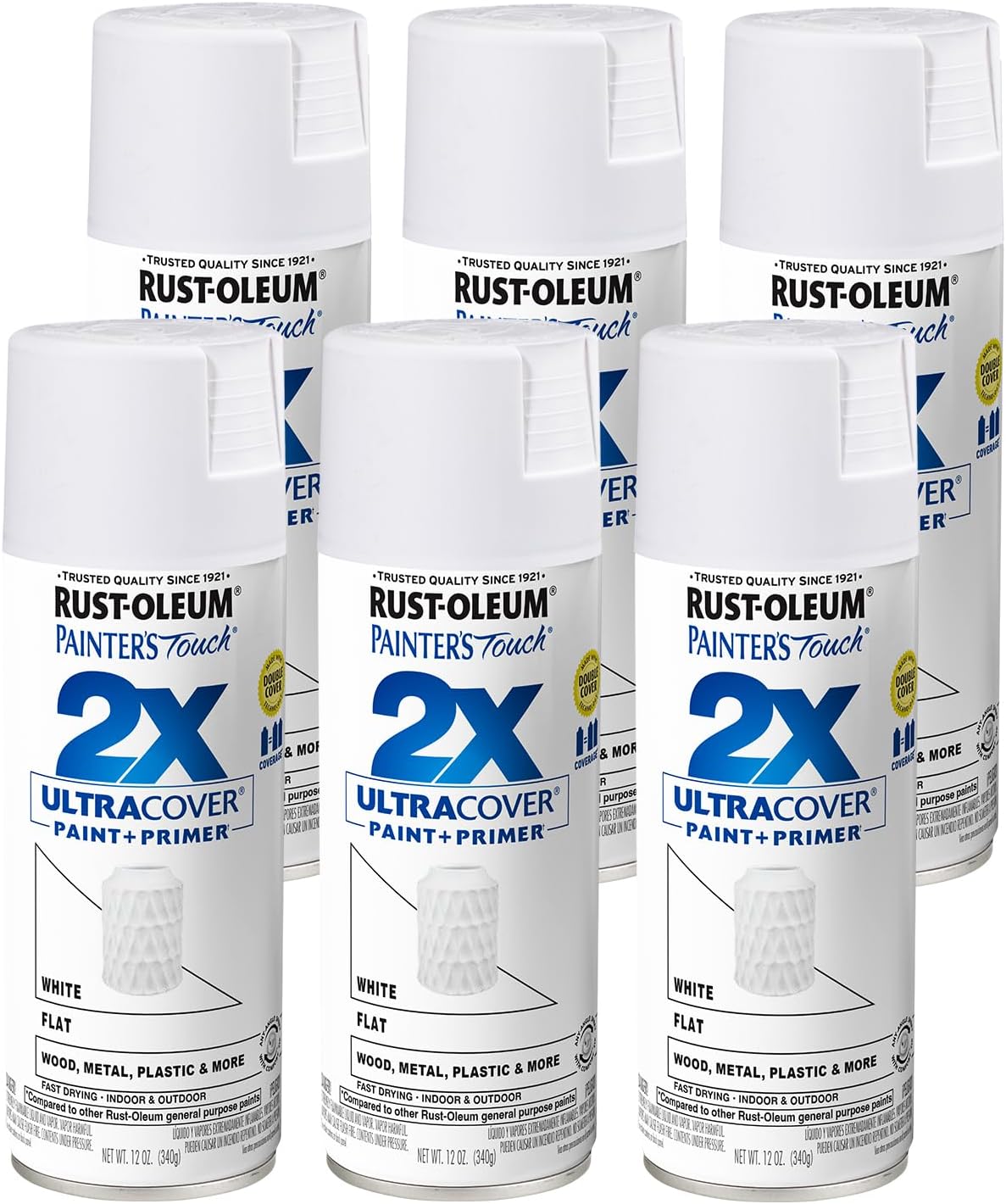 Rust-Oleum 249126-6PK Painter's Touch 2X Ultra Cover Spray Paint, 12 oz, Flat White, 6 Pack