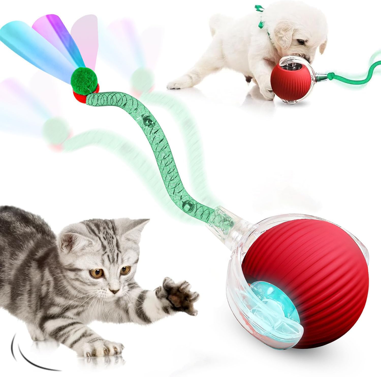 DAMIGHT Cat Ball Toy, Interactive Cat Toys for Indoor Cats, Electric Automatic Rolling Dog Ball With Tail, USB Rechargeable Moving Smart Pet Chase Toy for Cats Adult, Kitten, Dog