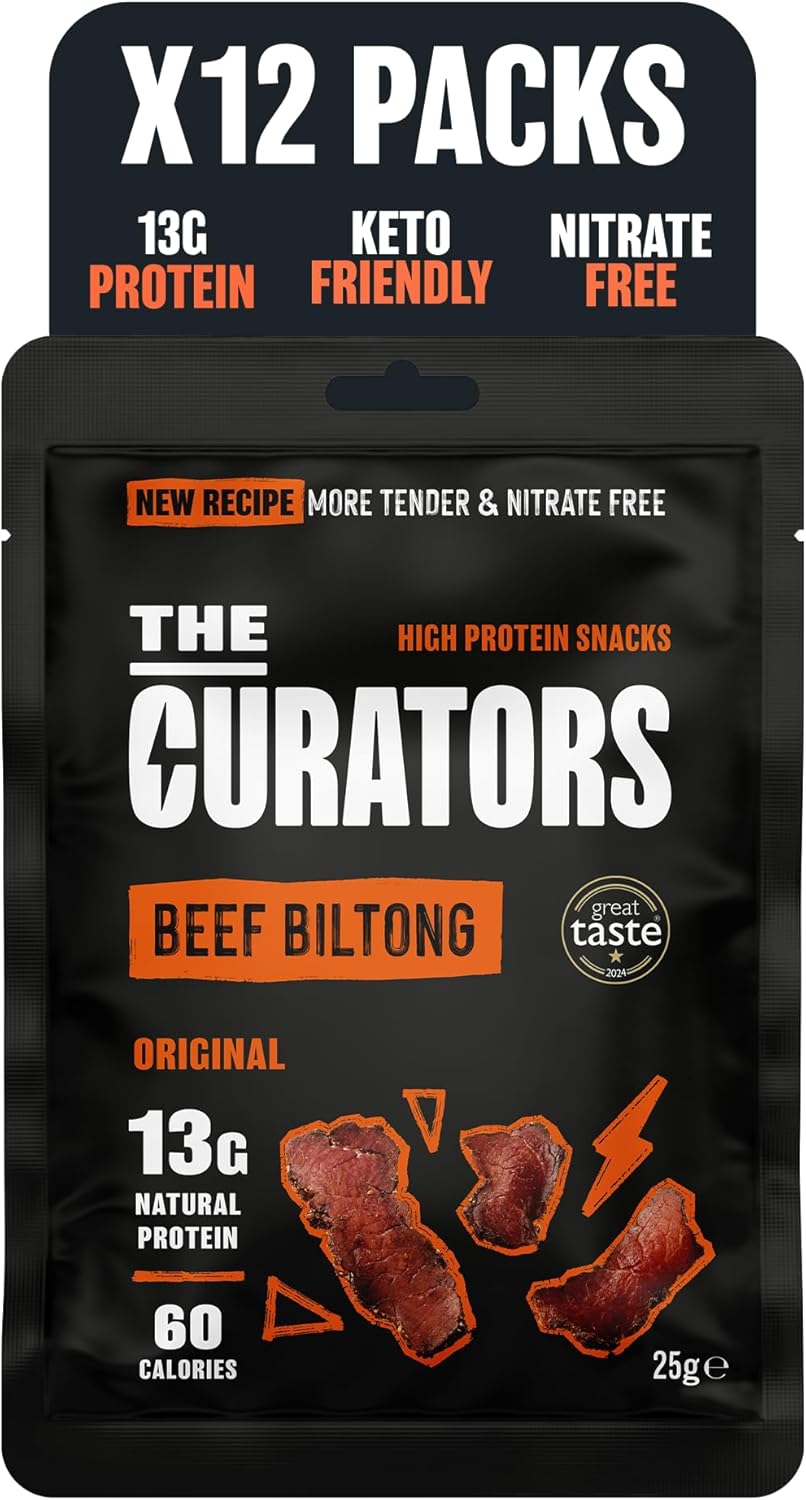 The Curators, Original Beef Biltong (12 X 25g pack), Nitrate Free, High Protein, Zero Carb, Low Calorie, Gluten Free, Prime Cuts of British & Irish Grass Fed Beef, Keto & GLP Friendly Savoury Snack