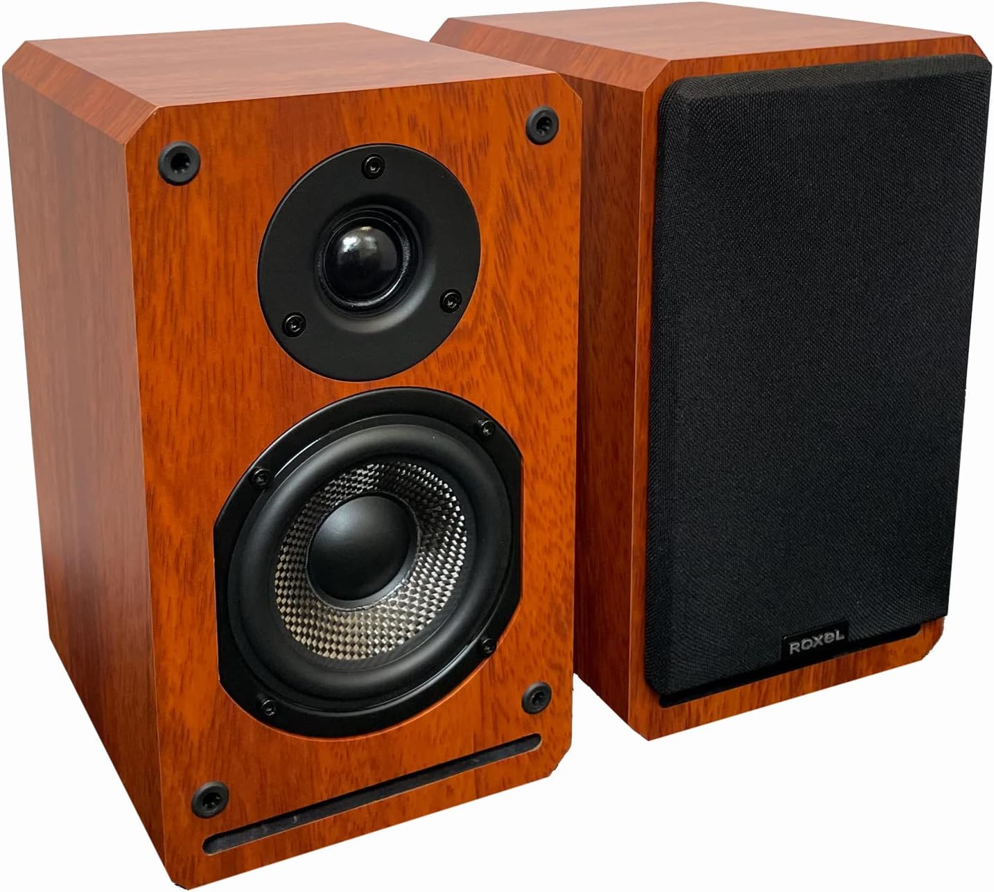 Roxel RBS 300 Bookshelf Speaker, Wood Effect Cabinet with 4 inch Enhanced Carbon Fibre Woofer, 1Inch Silk Dome Tweeter, Detailed and Refined Sound, Deep Bass 150W RMS (Cherry Wood)
