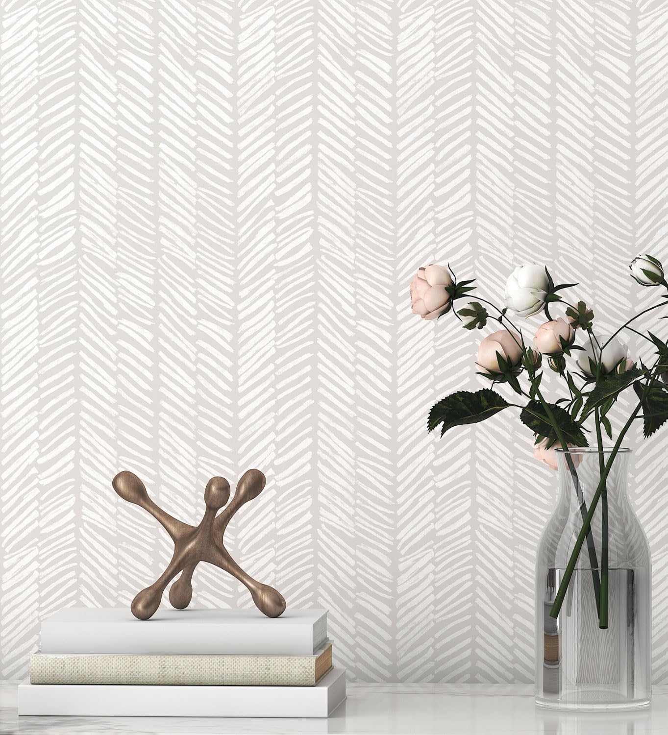 Striped Wallpaper Peel and Stick Wallpaper for Bedroom 17.3"x393" White/Beige Wall Paper Herringbone Self Adhesive Removable Wallpaper Modern Line Contact Paper for Cabinets Bathroom Decor