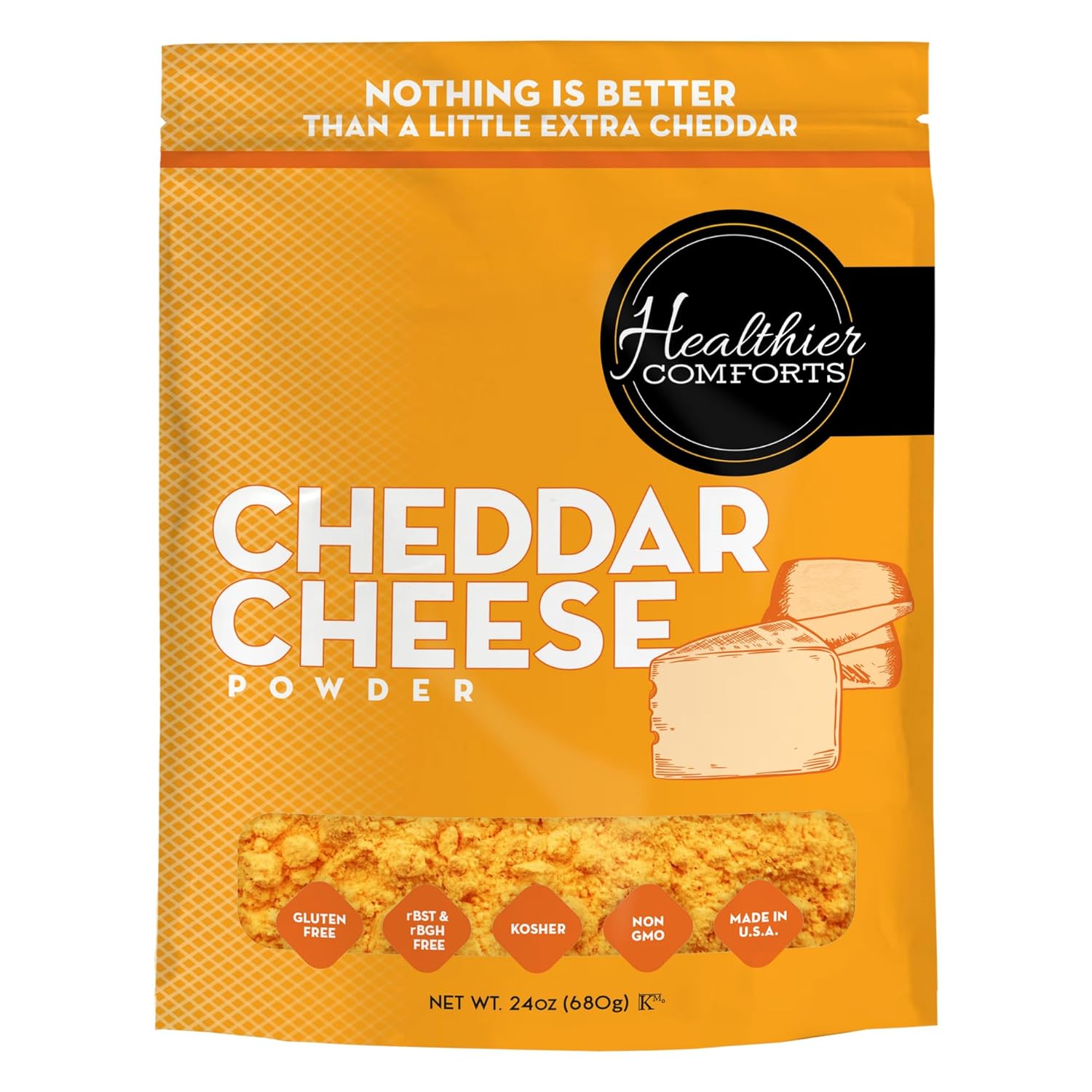 Healthier Comforts Cheddar Cheese Powder (1.5 lb) | Premium Yellow Cheddar | Batch Tested Gluten Free, Kosher, No Artificial Dyes | Cheesy Goodness for Popcorn, Pasta, Fries, Mac and Cheese | Shelf Stable Seasoning (24 oz)