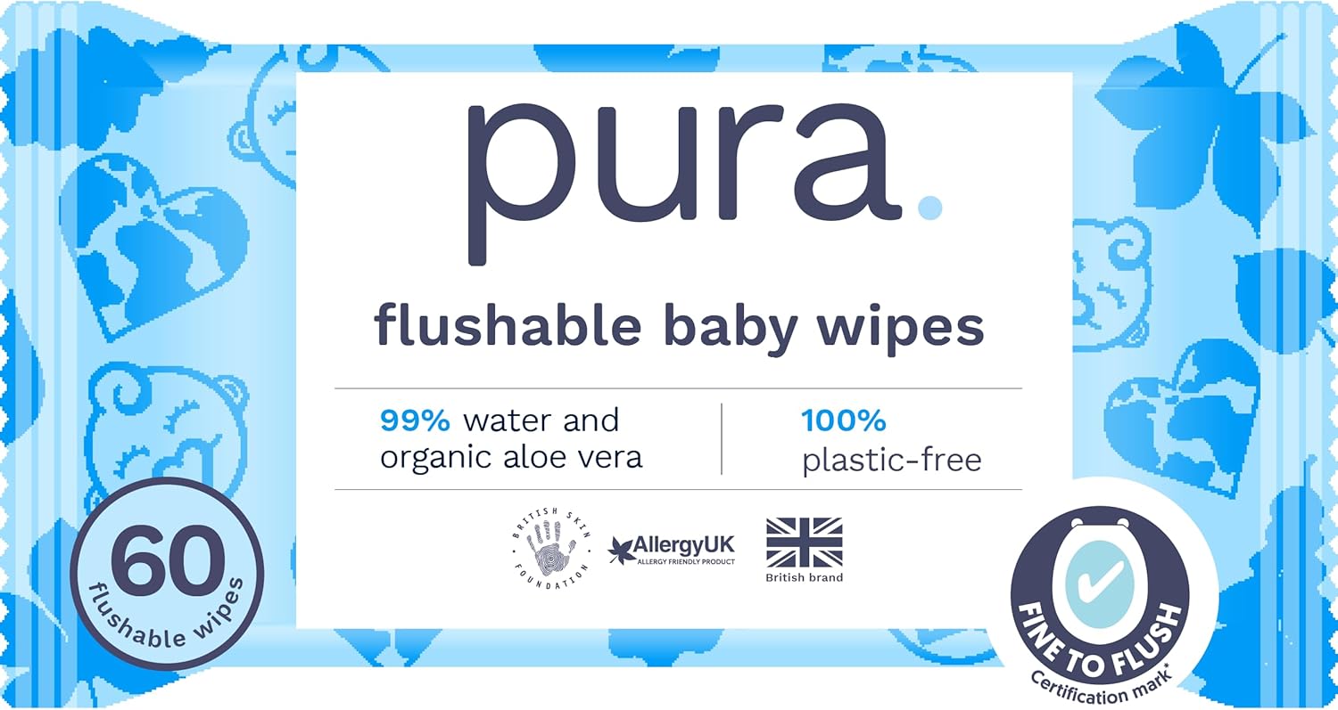 Pura Eco Flushable Baby Wipes - 1 Pack (60 Wipes) 100% Plastic Free, 99% Water, Suitable for Sensitive, Eczema Prone Skin, Newborn Baby & Toddlers, Biodegradable, Vegan, Potty Training