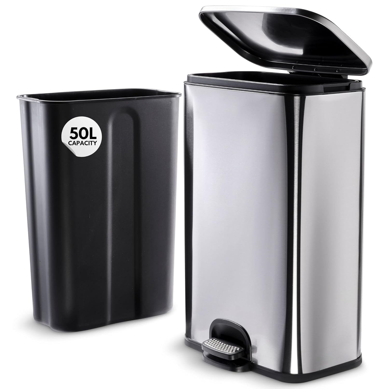 NOVECRAFTO 50L Pedal Bin with Lid - Soft Close, Fingerprint Resistant Large Silver Stainless Steel Rubbish Bins for Kitchen or Office, 27.5 In (70cm) Height, Removable Inner Plastic Bucket for Waste